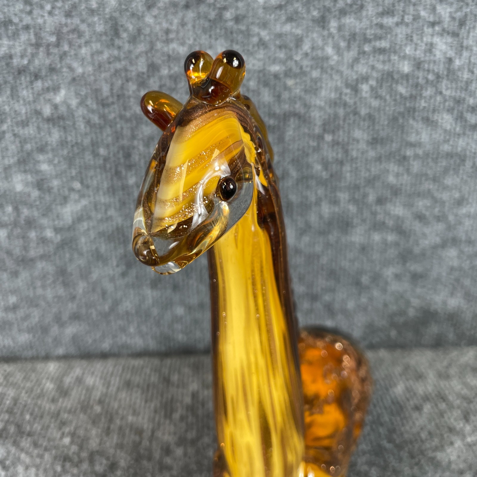 Vintage 70s Murano Style Glass Amber Gold Aventurine Giraffe Figurine Italy 9″