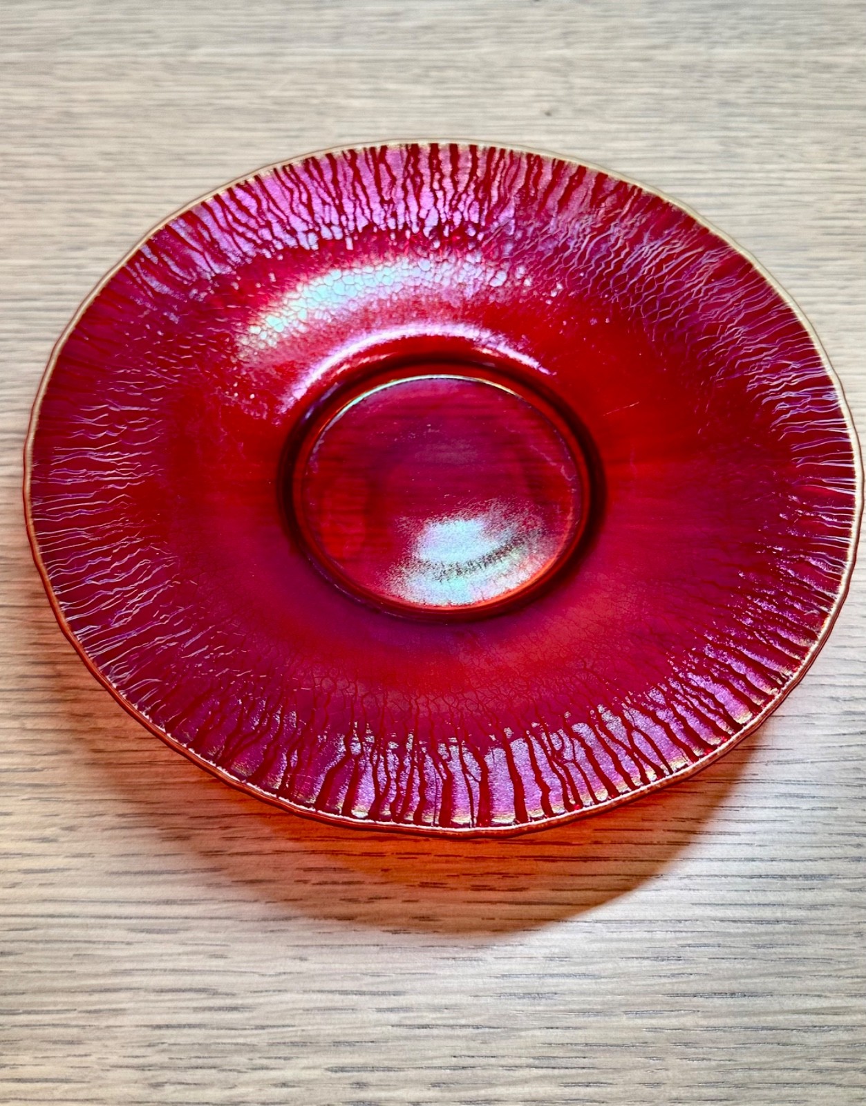 Poschinger VTG Ruby Red Stretch Glass Plate Iridescent Onionskin West Germany 8″