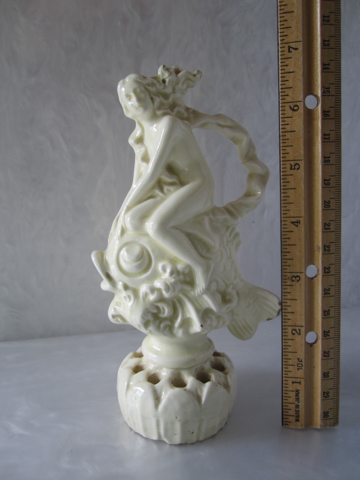 ANTIQUE ART NOUVEAU GERMAN PORCELAIN MERMAID RIDING FISH FIGURAL FLOWER FROG