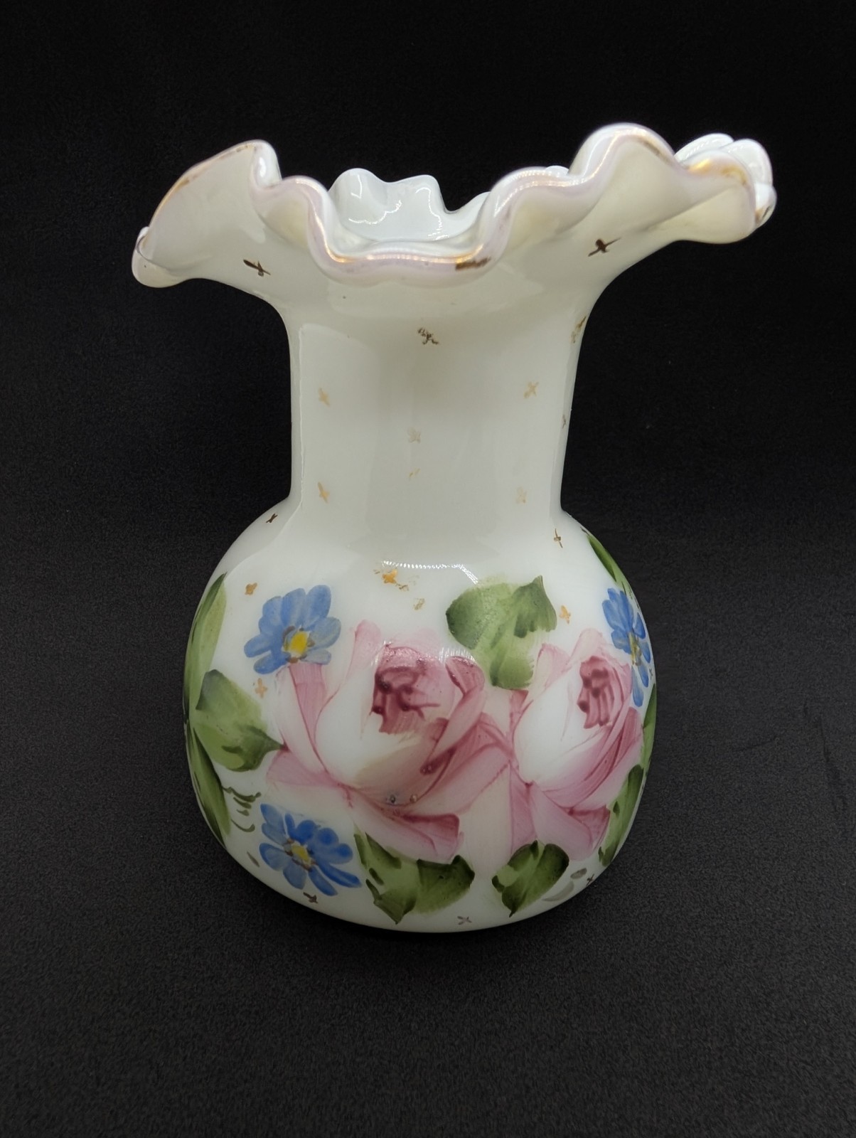 Fenton Vase Milk Glass Art Gold Star Charleton Roses Ruffled c1940-1959 5.5″