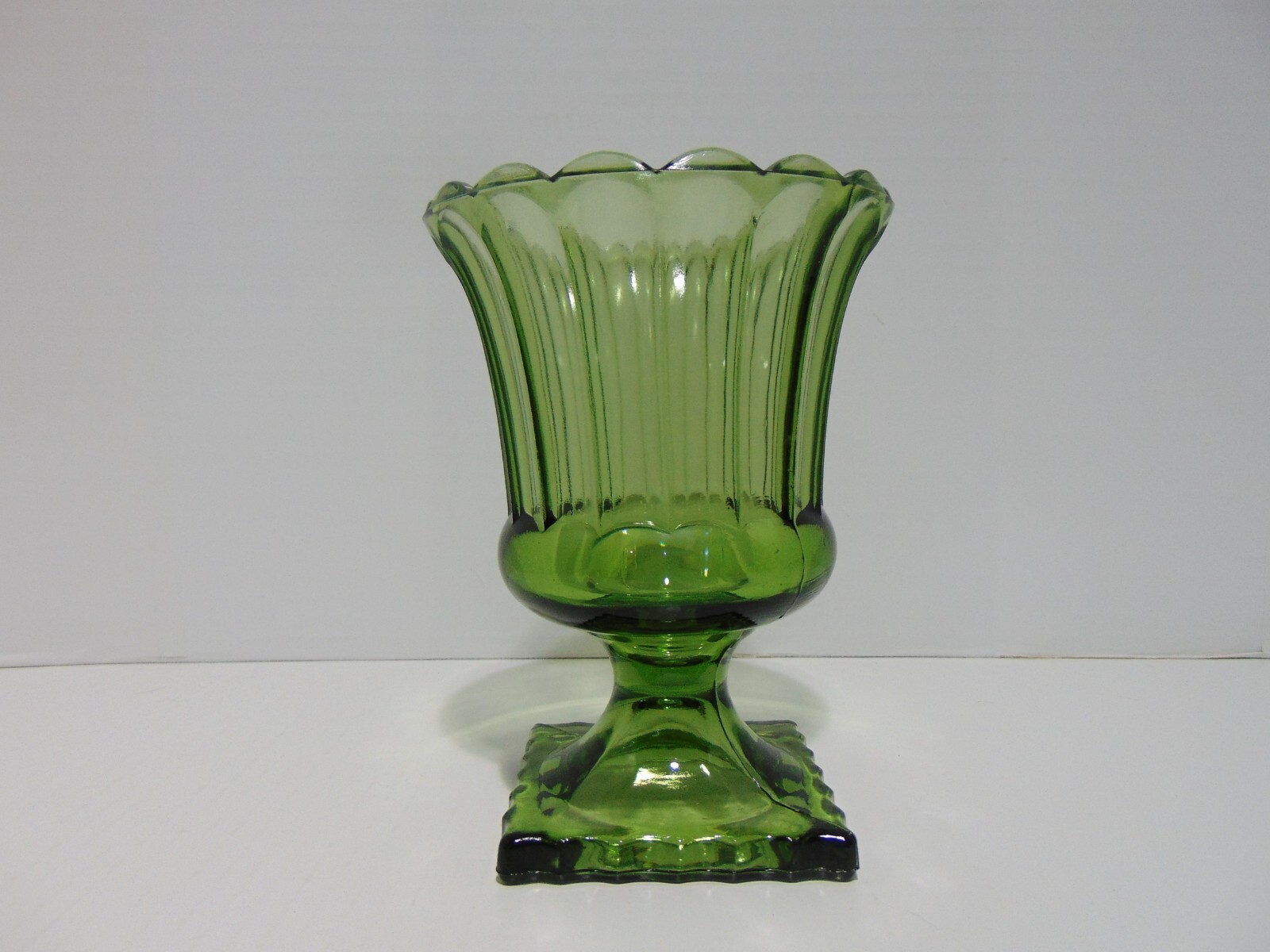 Continental Can Company Glass Vase Urn Round Ribbed Scalloped Edge Square Footed