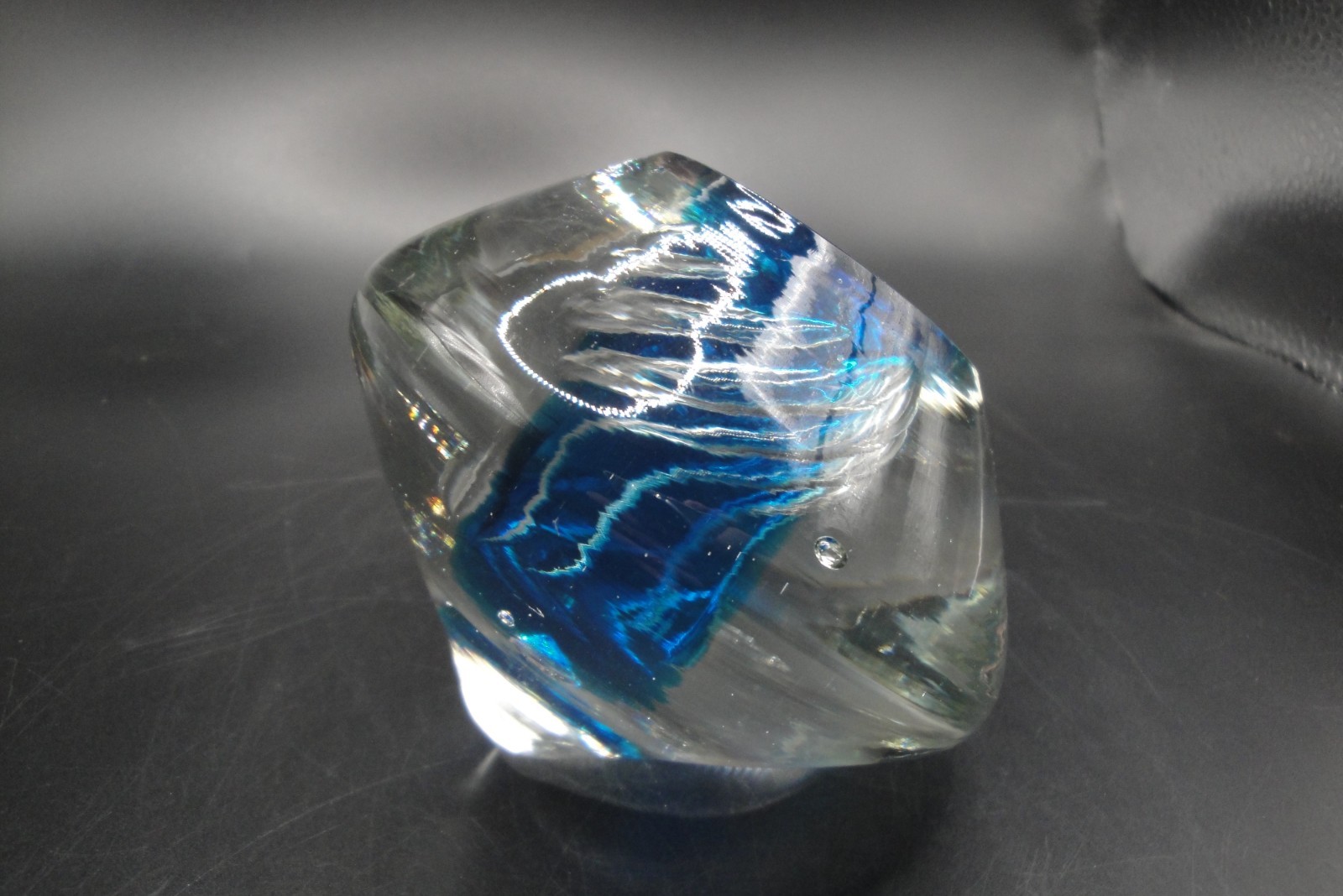 Vintage Hand Blown Studio Art Glass Swirled Paperweight, Encased Blue, U.S.A.