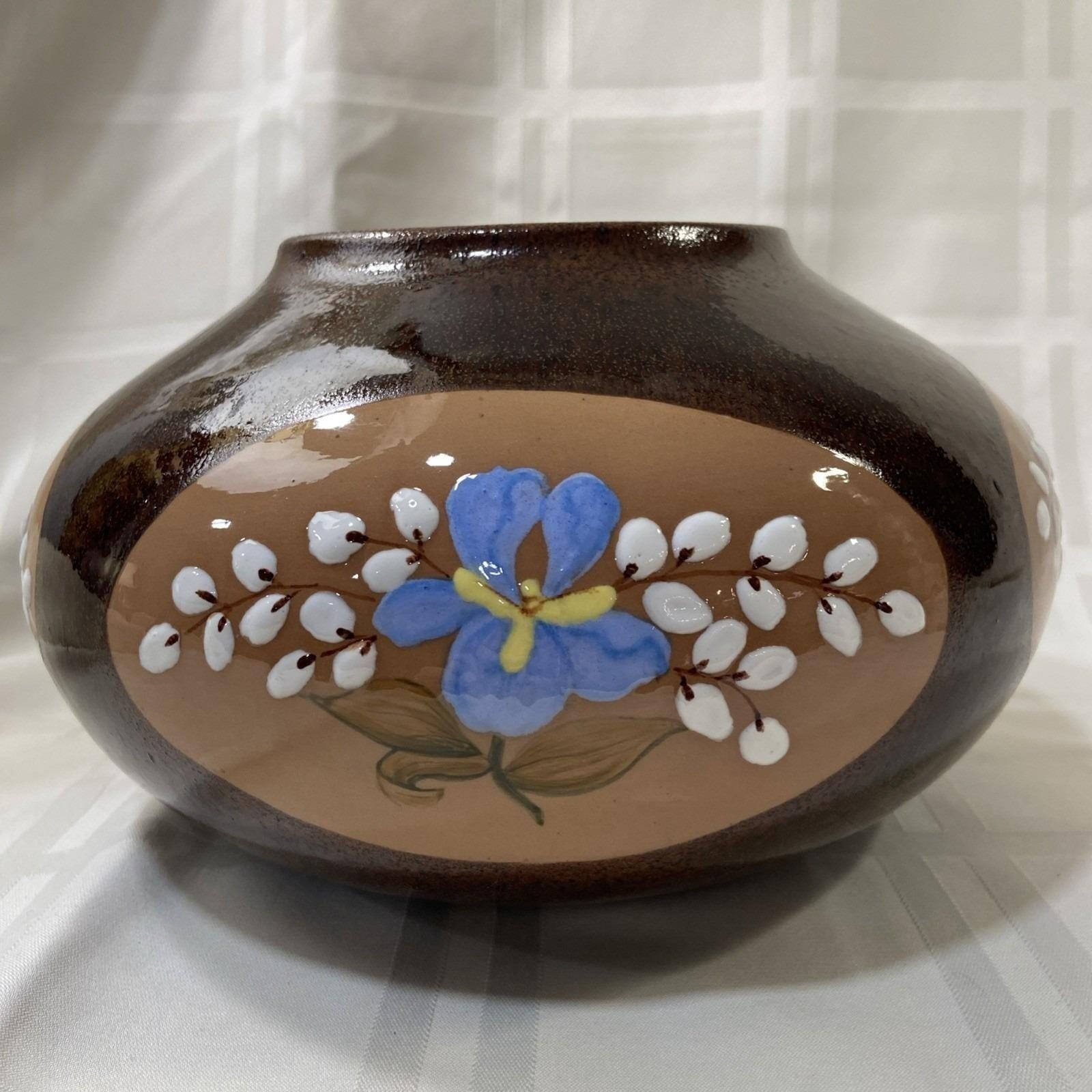 Hand Painted Raised Glaze Ceramic Brown With Blue Flower Bowl Shaped Vase Signed