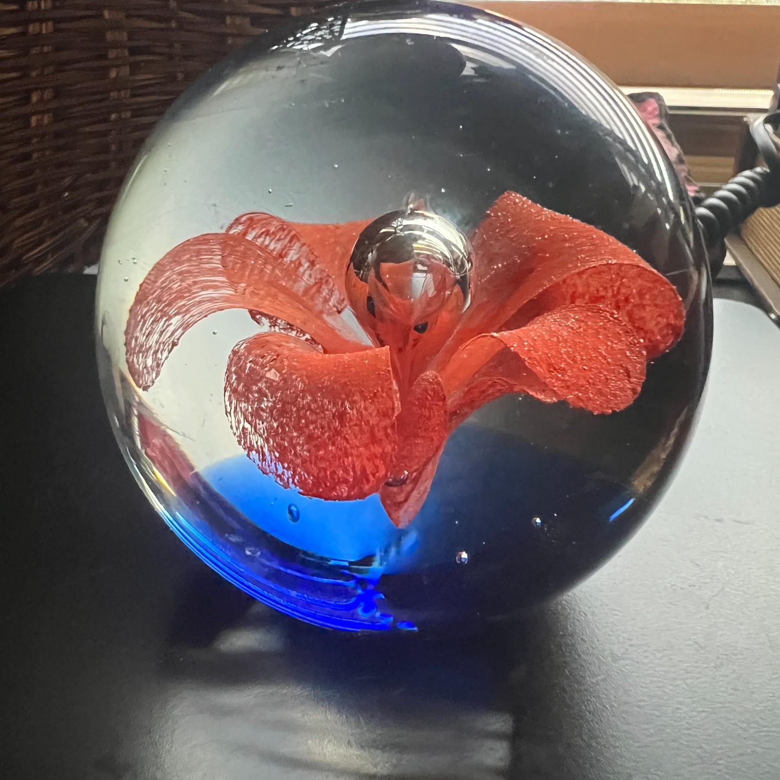 Vintage Art Glass Paperweight Red Flower Cobalt Blue Clear Orb Decor