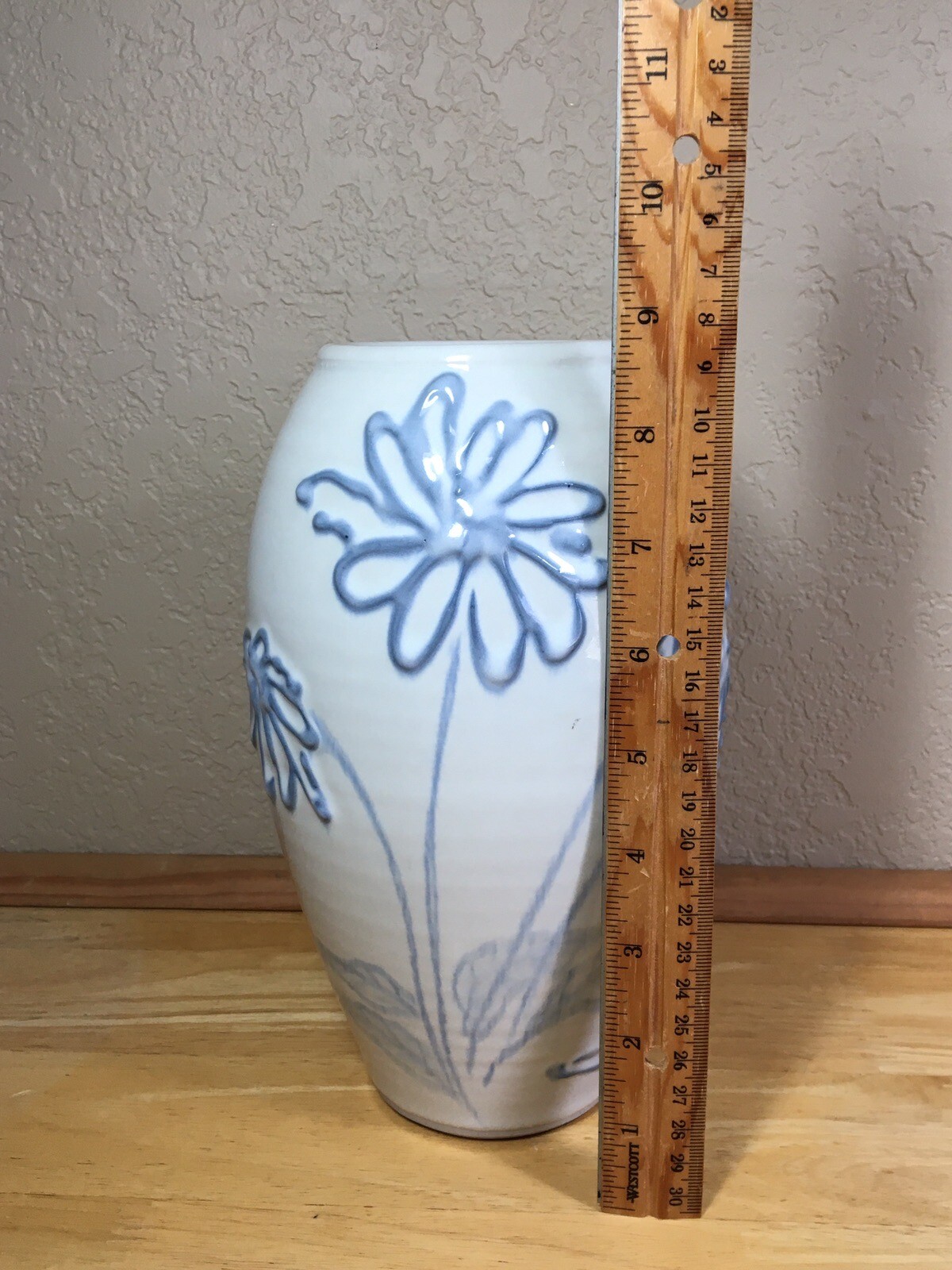 Studio Art Pottery Vase Raised Blue Flowers Cream Glaze Abstract Signed 8.75 in