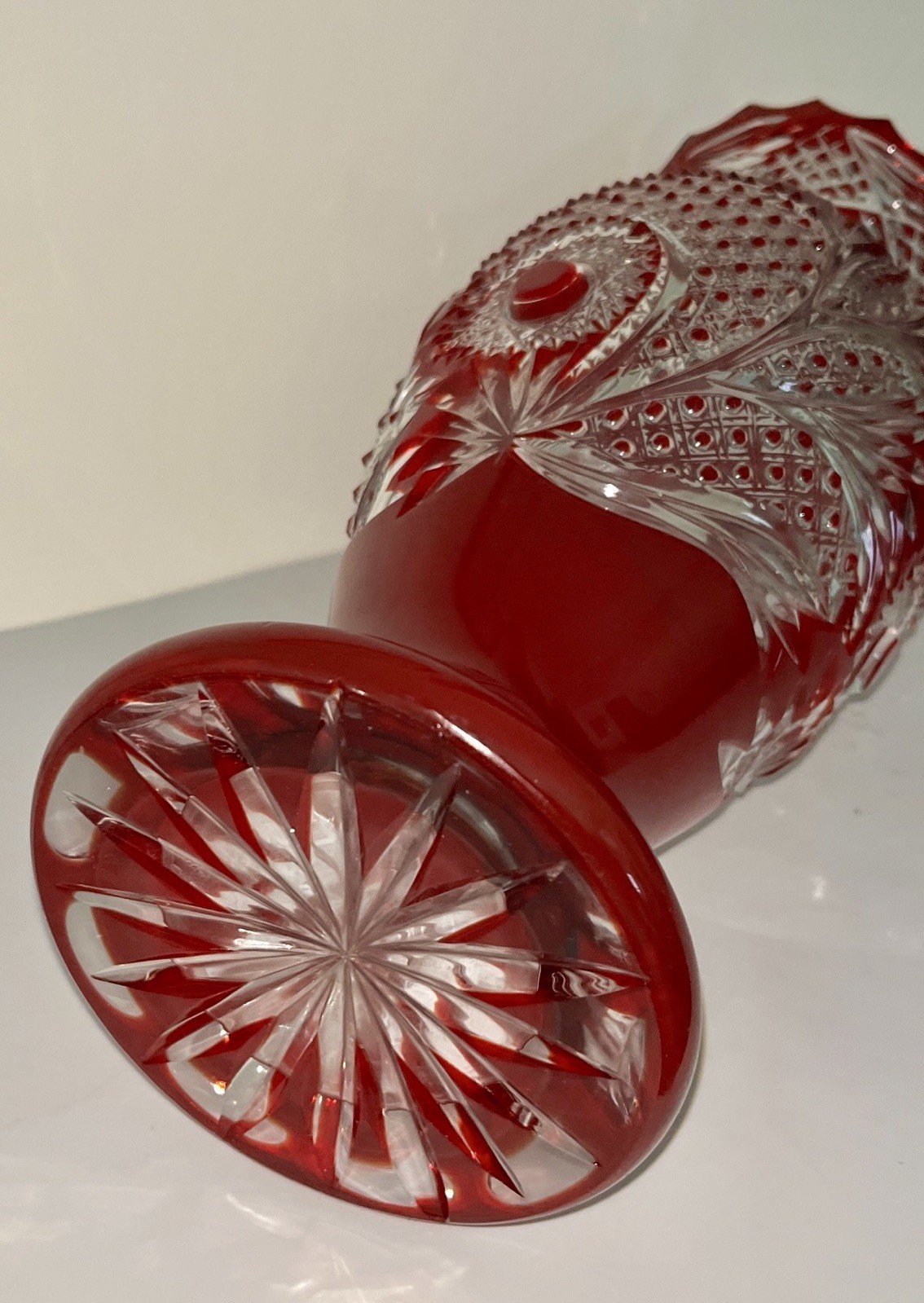 Vintage Gus Khrustalny Russian Ruby Red Cut To Clear Crystal Vase 15 1/4″ Tall
