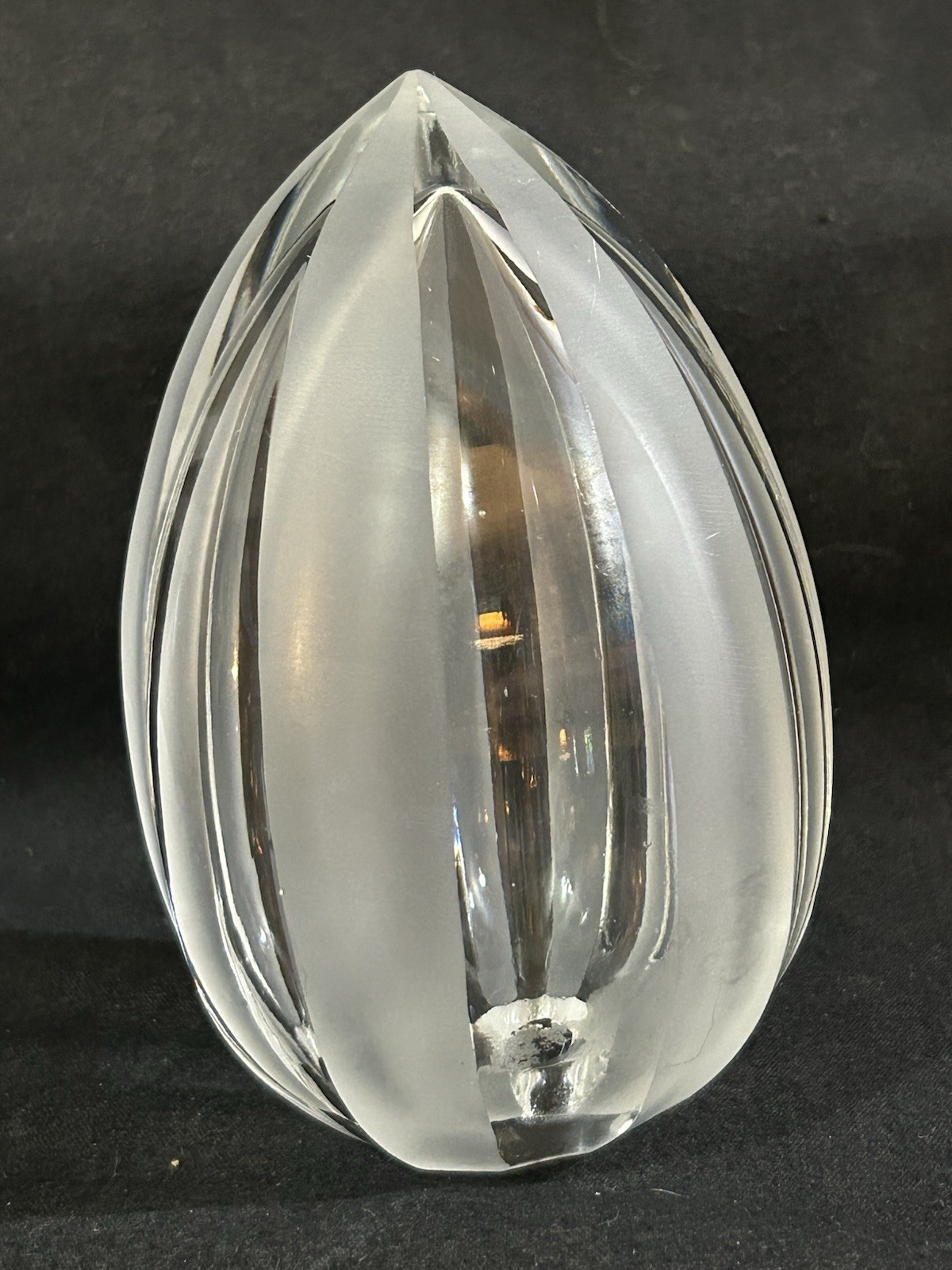 VTG Egg Shaped Glass Paperweight With Vertical Panels Of Clear And Satin Finish
