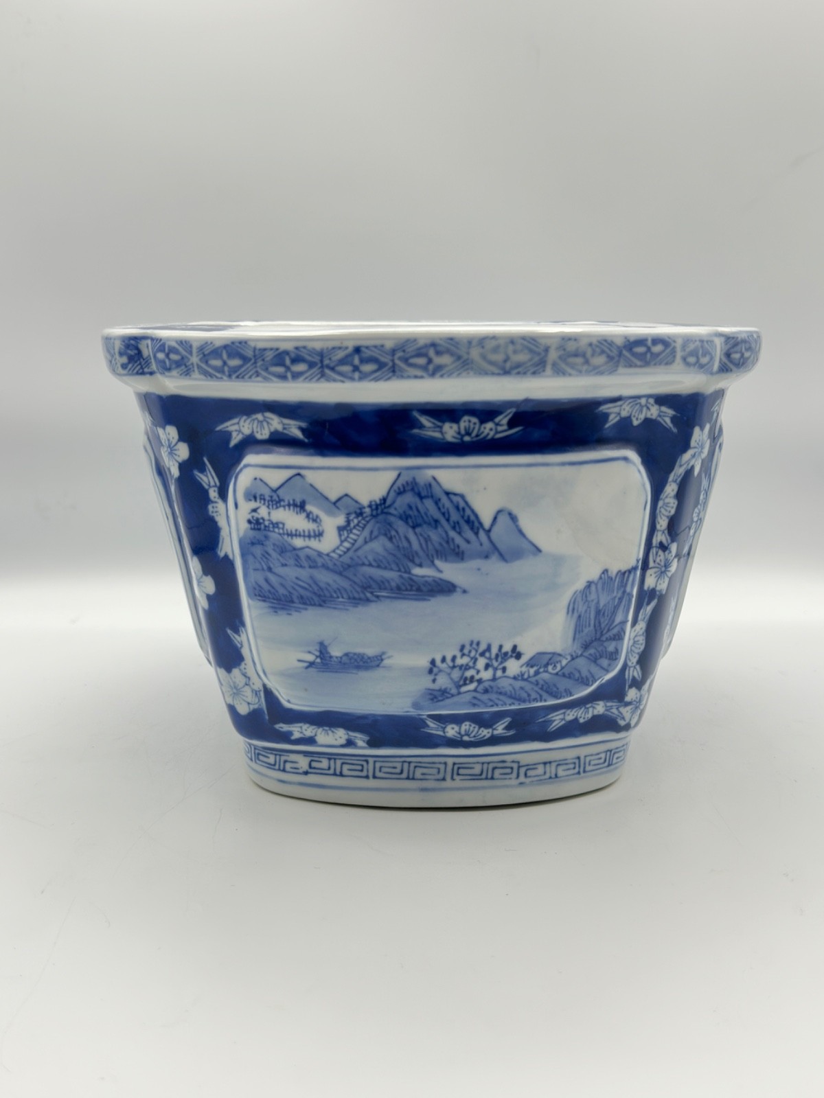 Blue White Chinoiserie Ceramic Bonsai Planter Cachepot Jardiniere 9.75″×6″