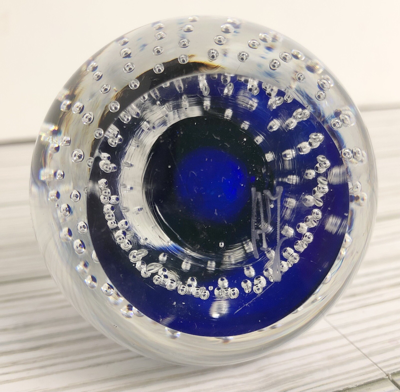 Adam Jablonski Signed Lead Crystal Art Glass Paperweight ~4″ Tall Blue Clear