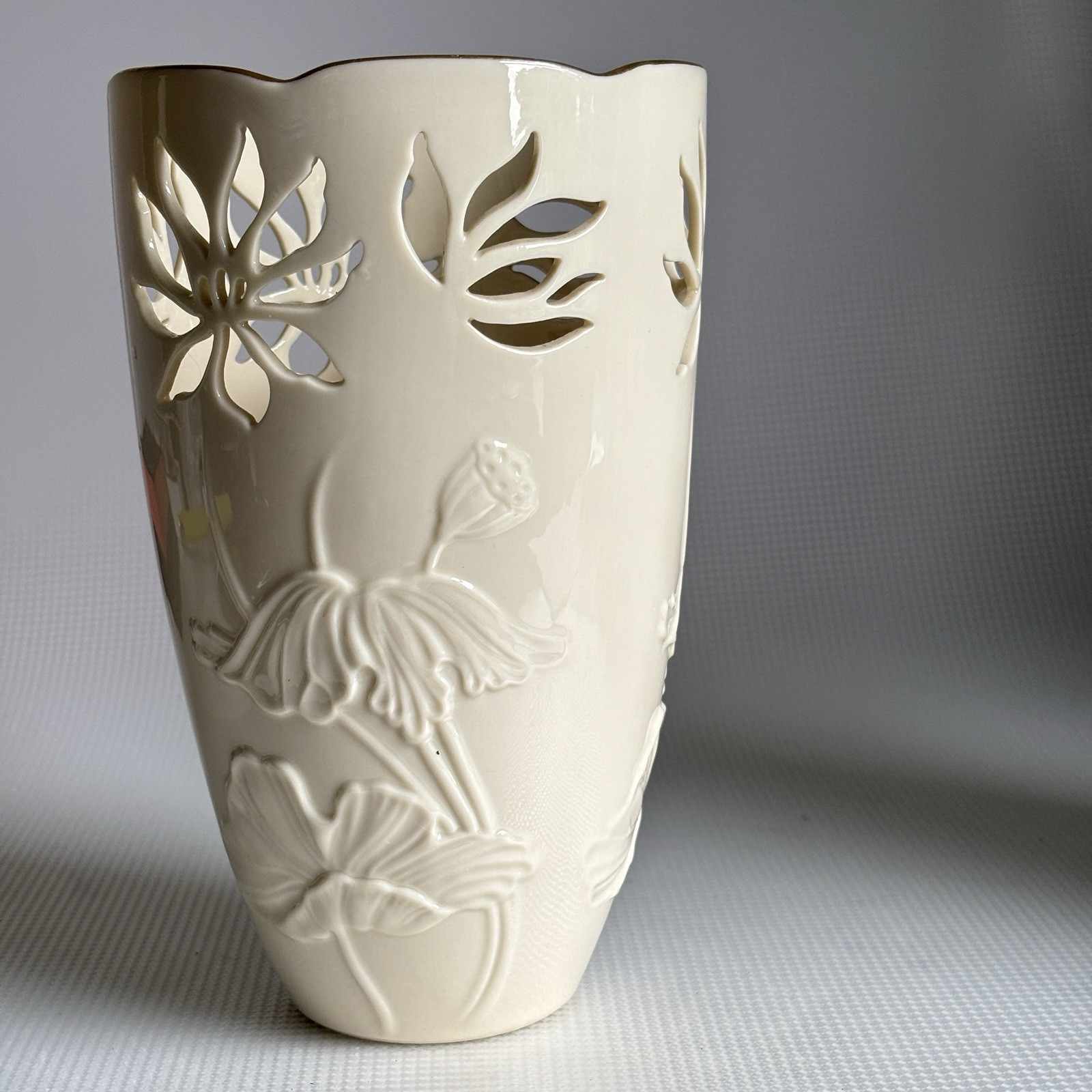 Lenox Westbury Large Vase Ivory Porcelain Pierced Floral Cutout Gold Trim USA