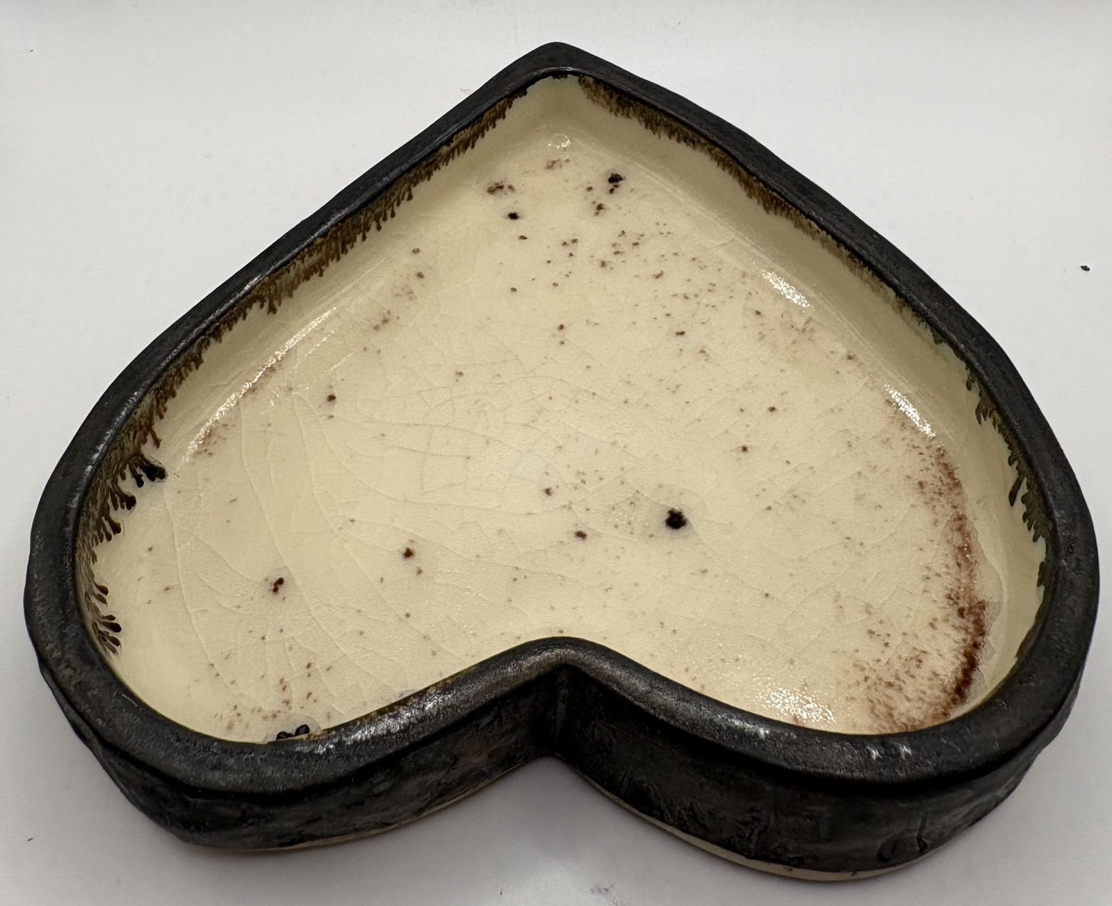 Heart, 5 1/2 X 5 1/2 inches, 1 inch deep,black and white, ceramic, crackle glaze