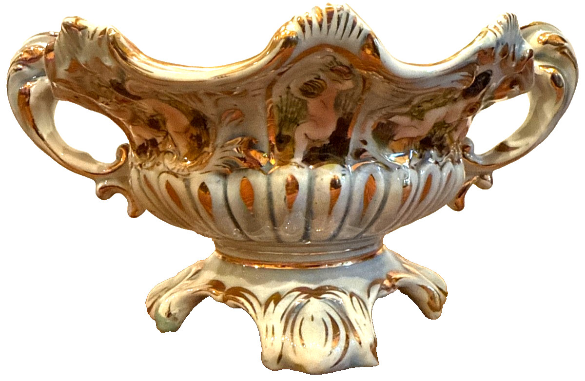 Antique European Cherub Porcelain Compote Gilt Footed Centerpiece Bowl