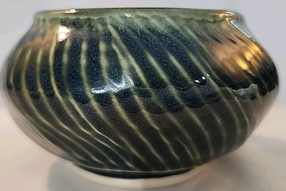 Handmade Ribbed Art Pottery Vase Signed Blue Green Turquoise Cocke Pottery 4.5”
