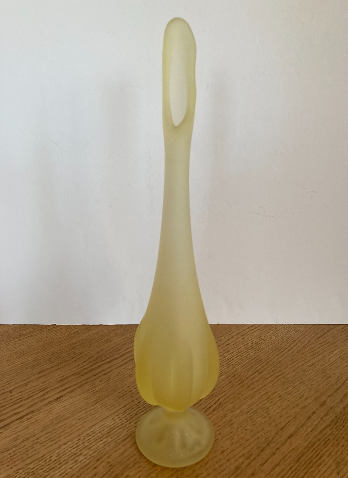 Vintage Viking Glass Yellow Satin Frost 6 Petal 12″ Footed Swung Vase w/ Label