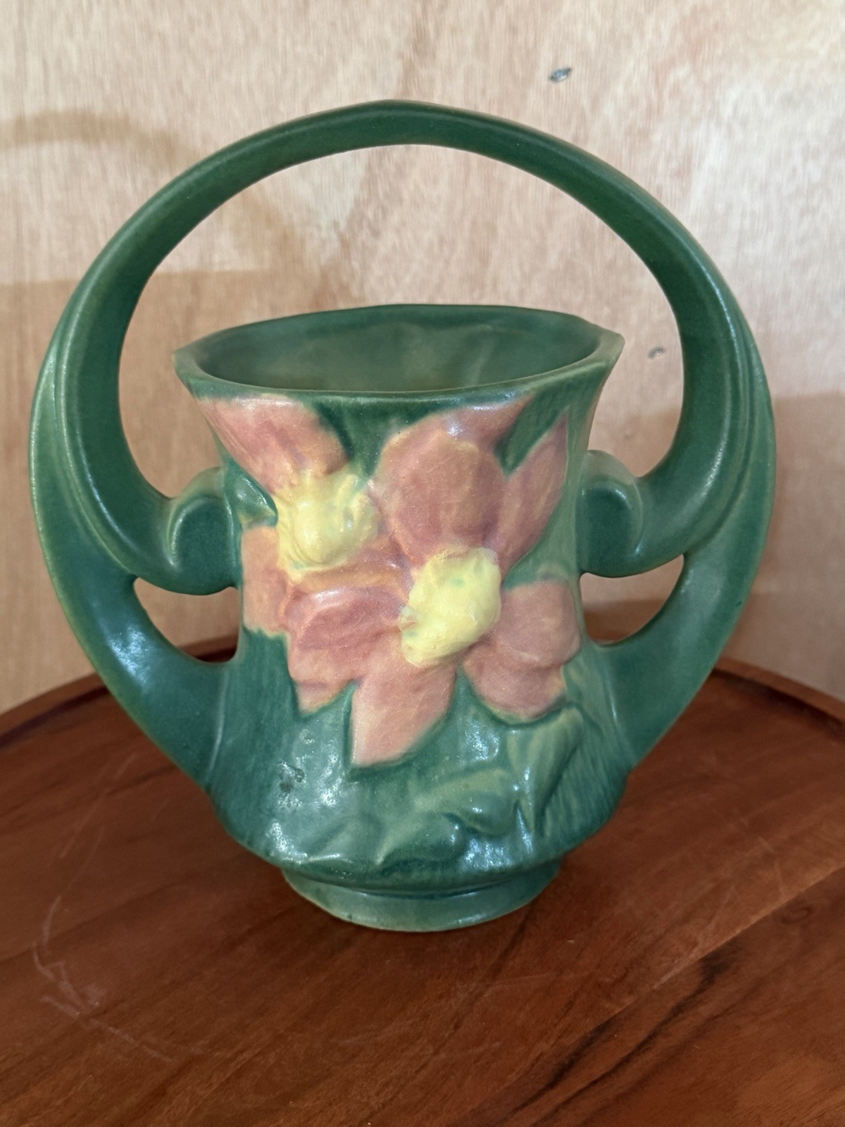 Roseville Clematis Green 1944 Vintage Art Pottery Ceramic Basket 387-7