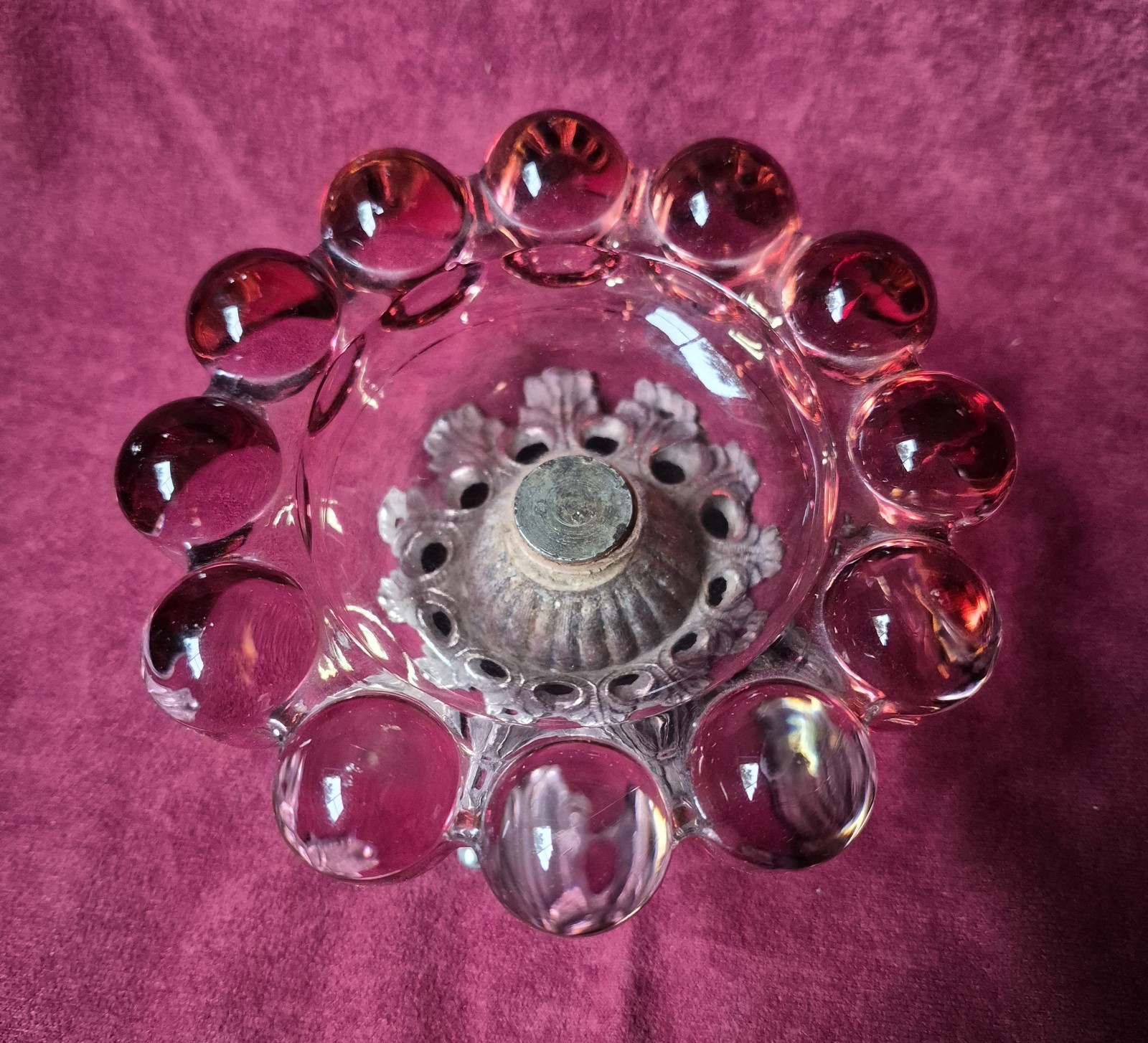 Pink Pressed Art Glass Round Trinket Dish/Ashtray w/ Gold Metal Base Insert