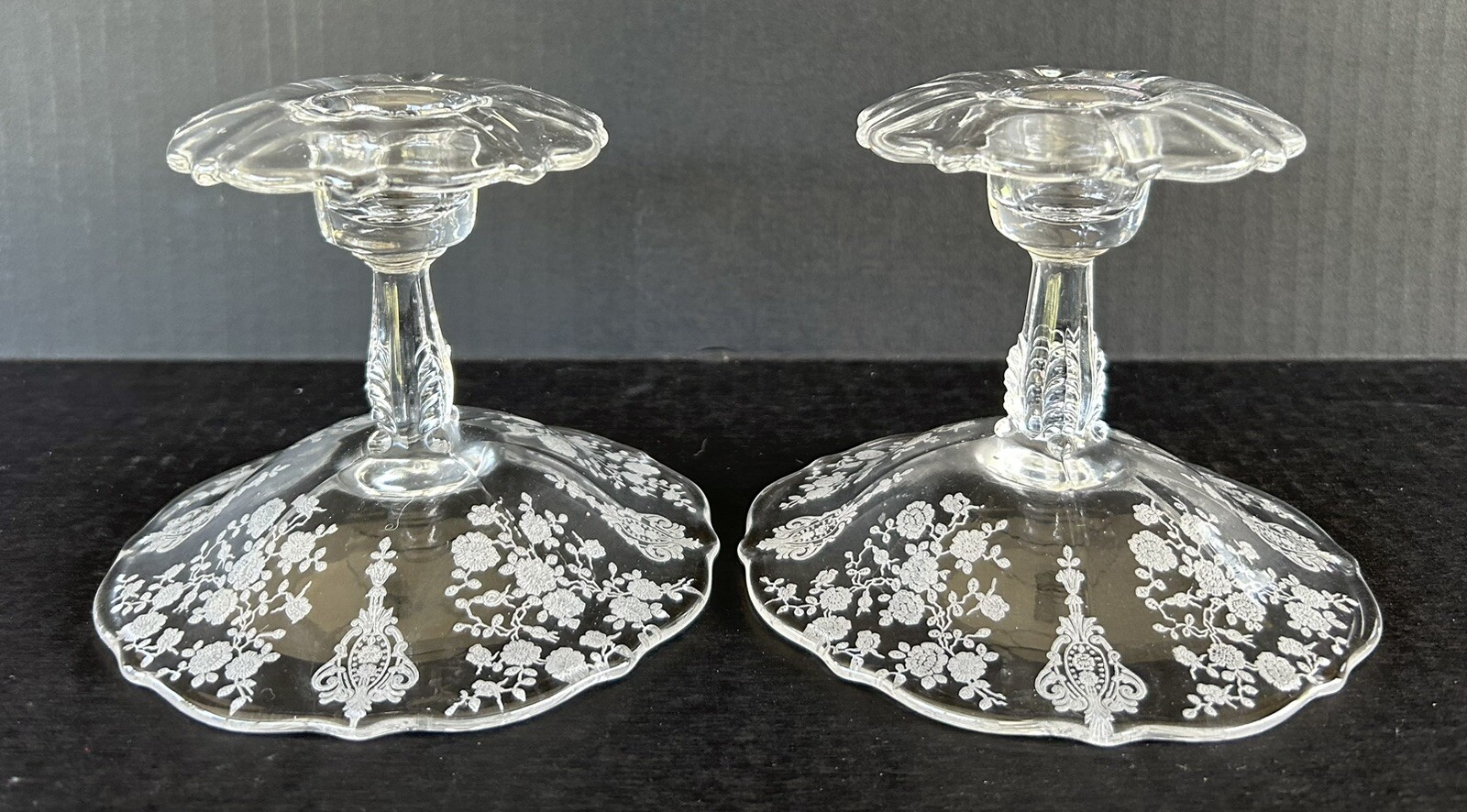 Cambridge Glass Candlesticks Rose Point Etched Set of 2 Art Nouveau