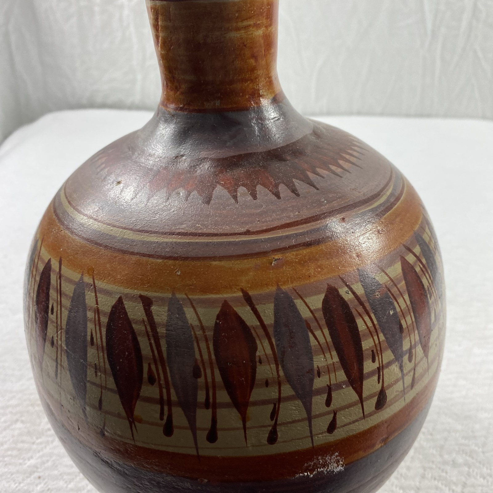 Vintage Art Pottery Vase Hand Painted Abstract Leaf Drip Boho 12″ Tall Decor