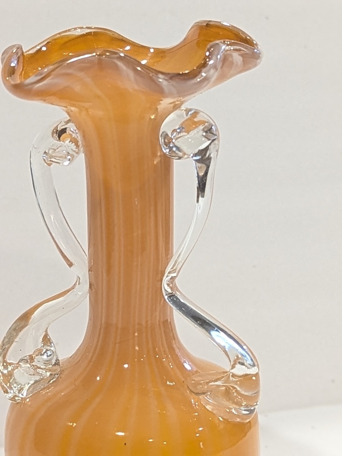 Vintage Murano Style Orange Peach White Striped Swirl Art Glass Bud Vase 6.25″