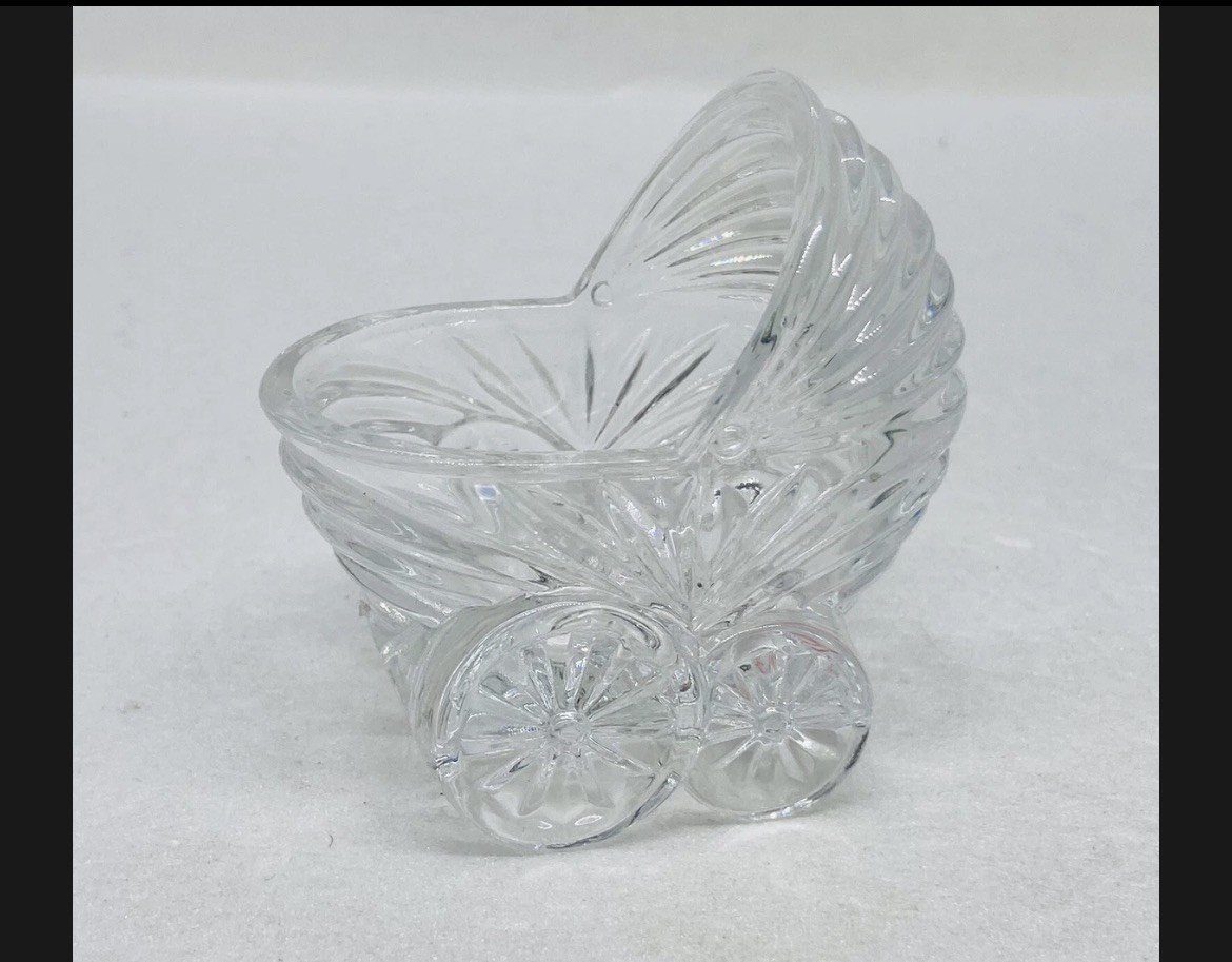Vintage Baby Stroller Trinket Bowl Crystal Glass 2.5” Tabletop Art Decor 35