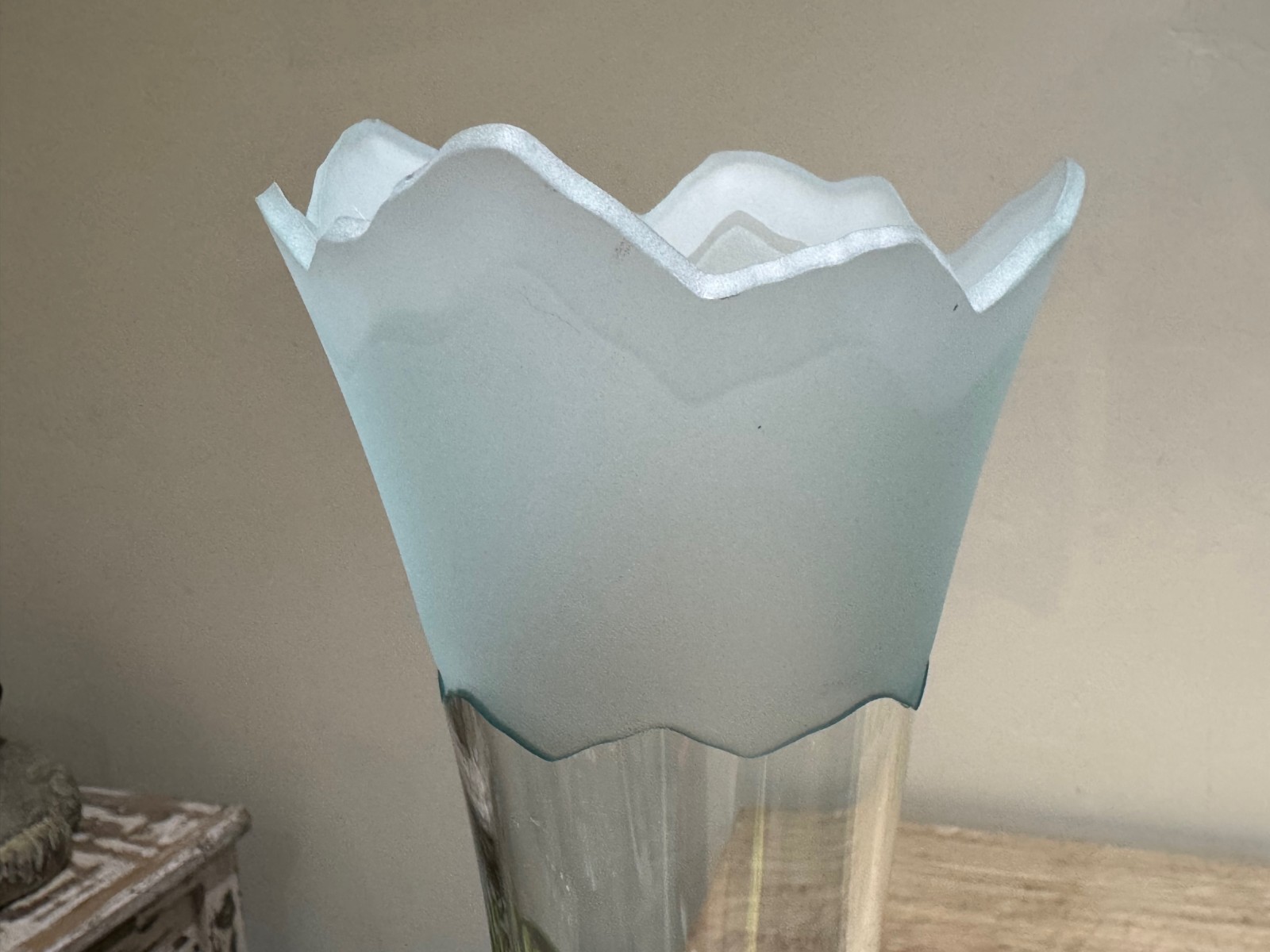 1992 Signed Studio Art Glass Vase Frosted Blue Top Clear Stem Etched Base 14.5″