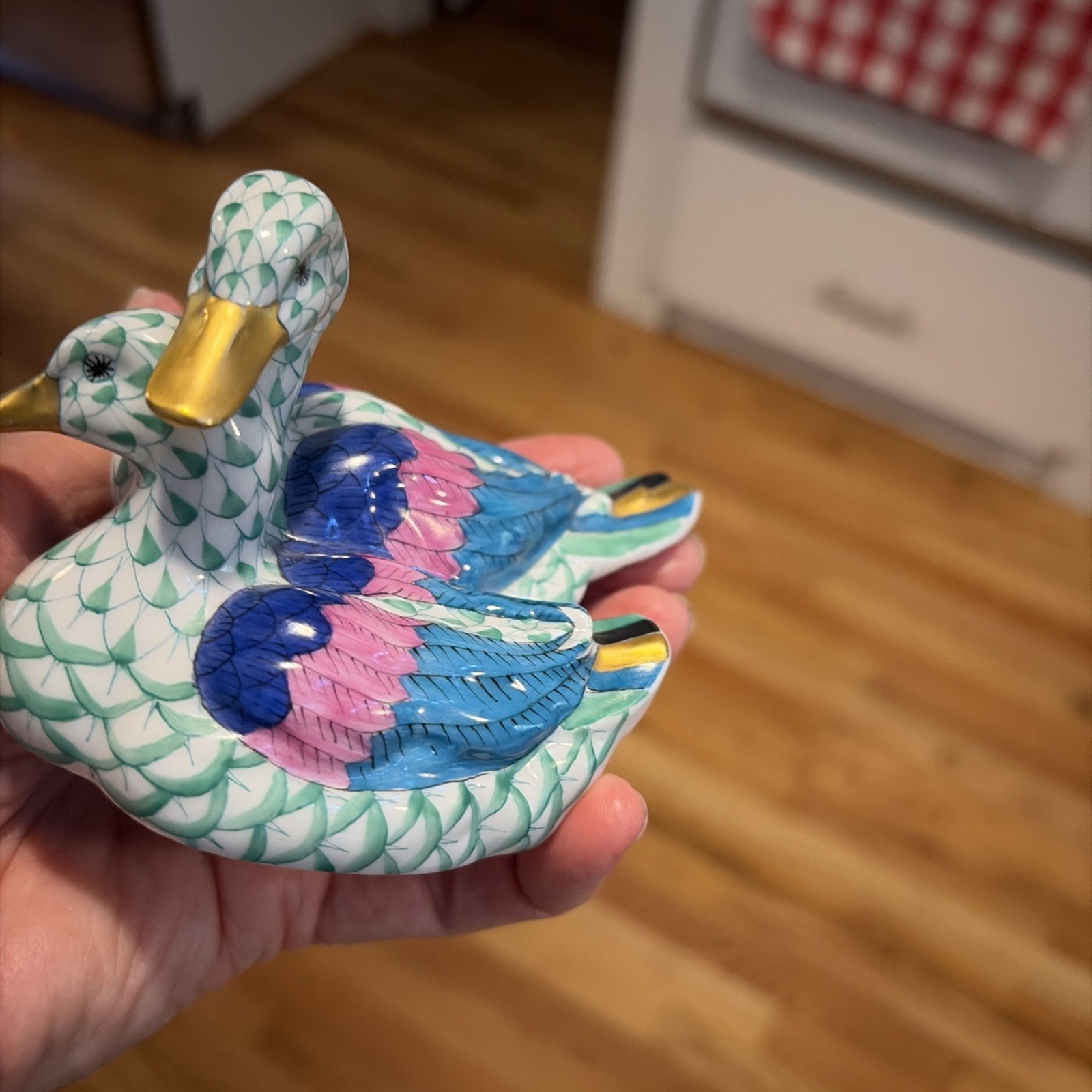 Herend Porcelain Green Fishnet Courting Ducks 5036 150 Year Anniversary Figurine