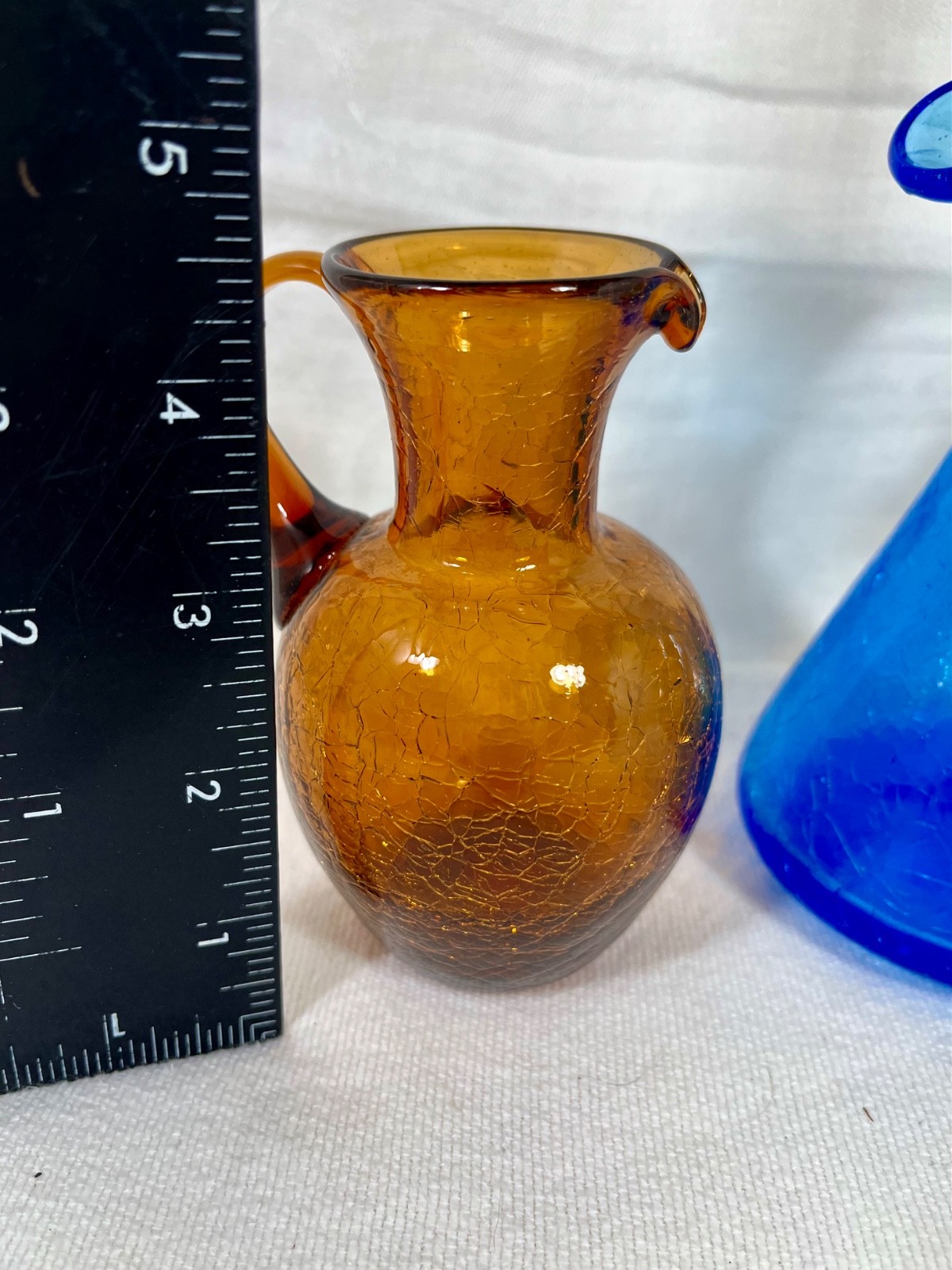 Vtg Lot Of 3 Hand Blown Crackle Glass Pitcher Vase Jug Amber Yellow Blue