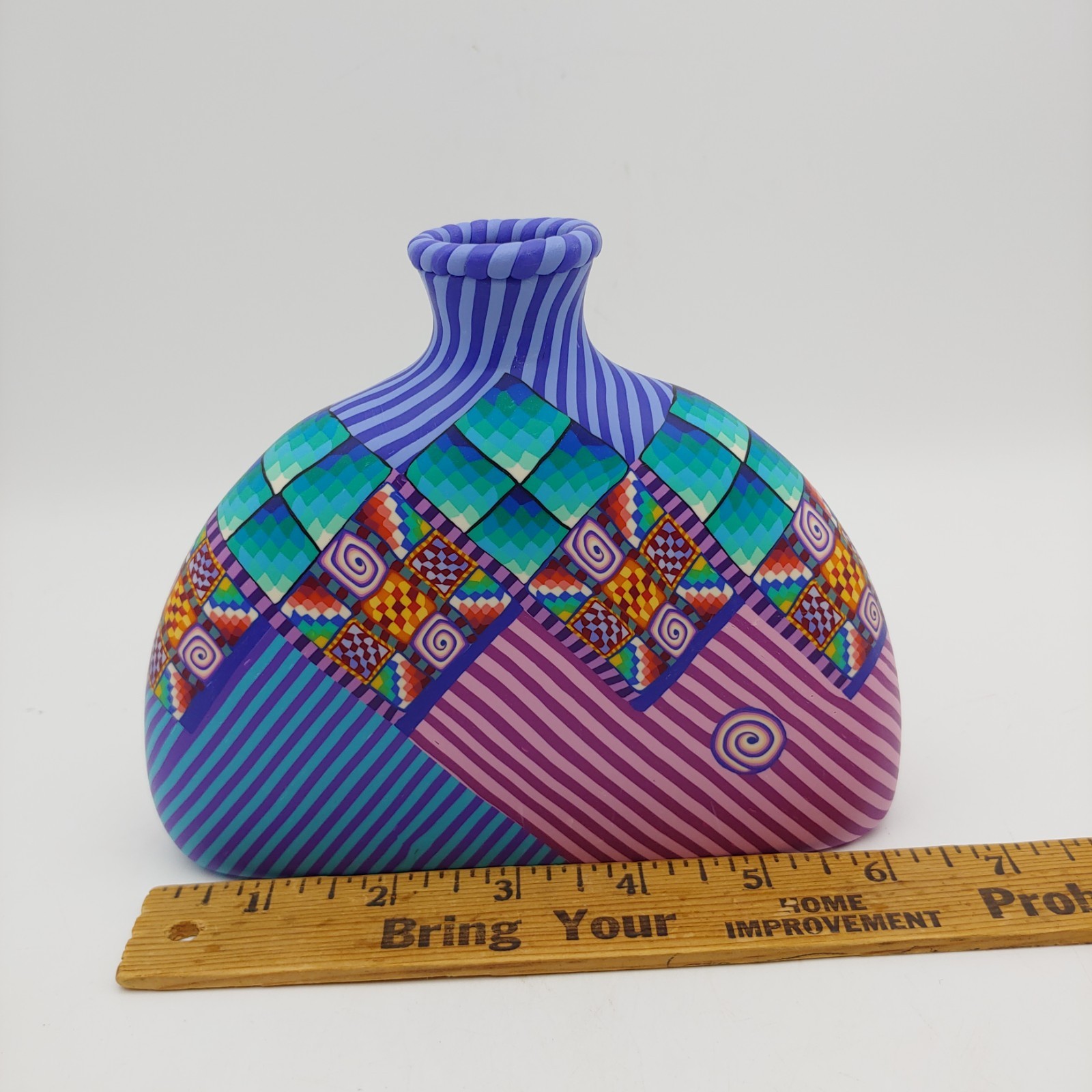 Handmade Colorful Polymer Clay Vase – 6.5″ Blue Green Purple Striped Geometric