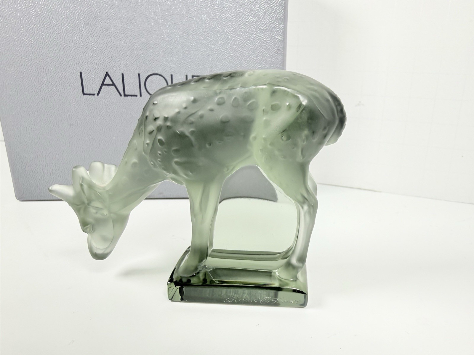 Lalique France Green Grey Crystal Deer Doe Figurine Signed 3” With Box