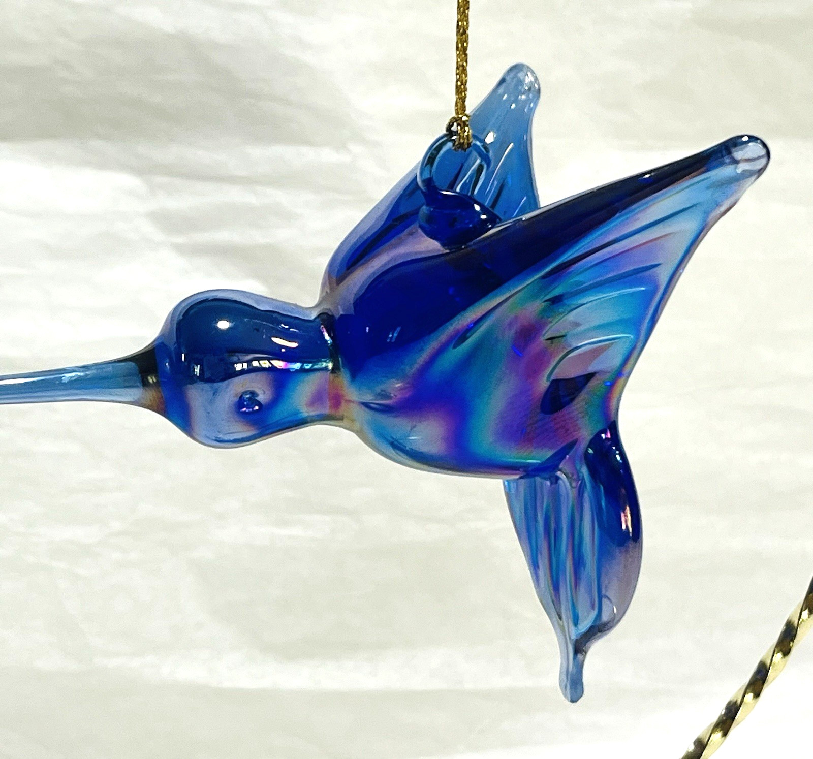 Vintage Hand Blown Glass Iridescent Blue Purple Humming Bird Ornament Display