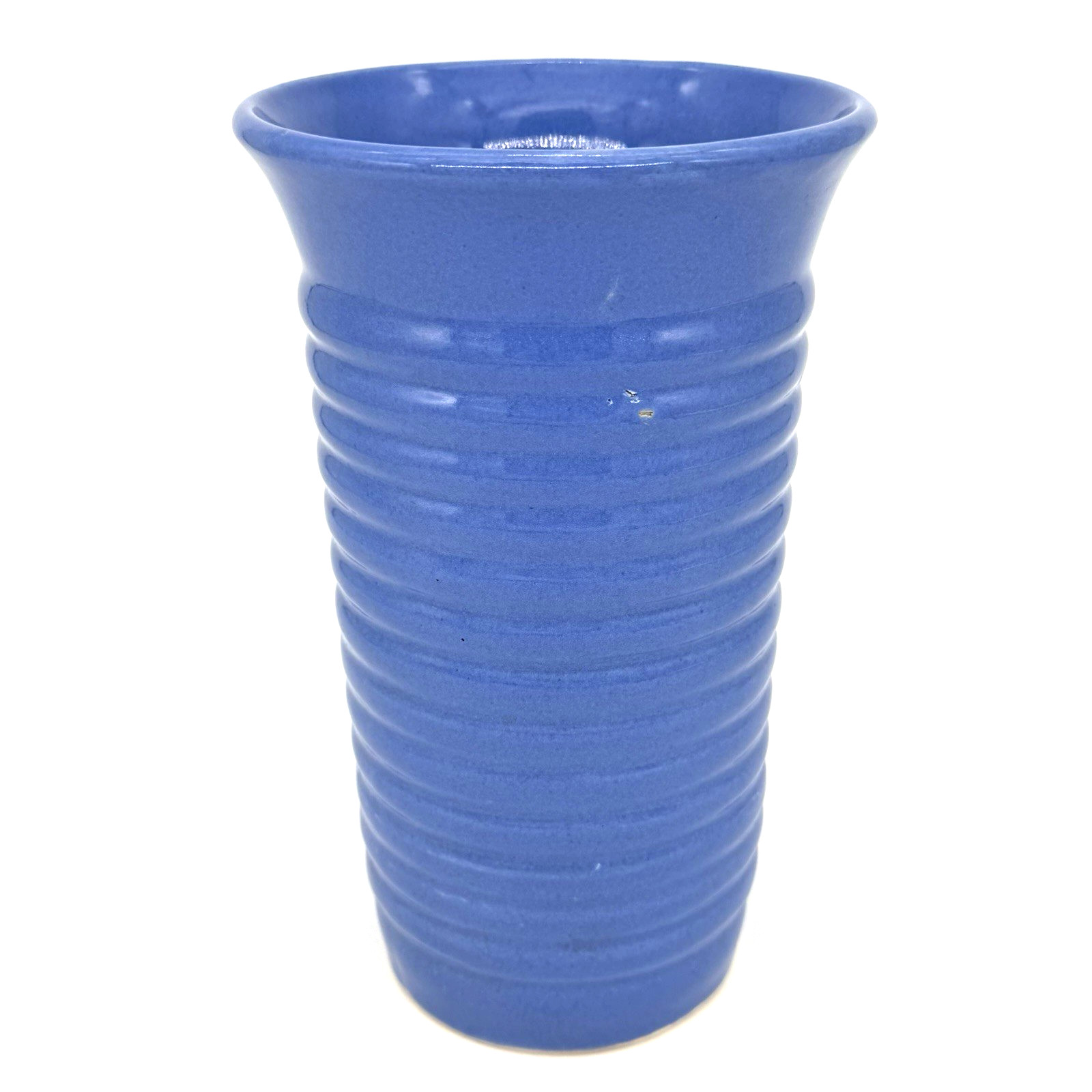 Vintage Bauer Pottery Hi Fire Blue Ringware Cylinder Vase 8 1/4″ Tall
