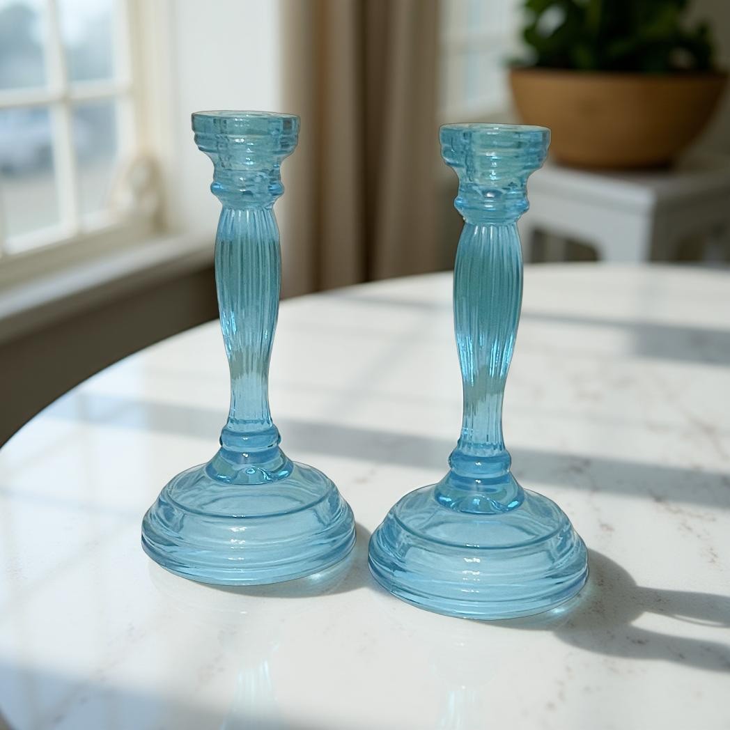 Vintage Indiana Tiara Glass Candle Stick Holders PAIR Duchess Horizon Blue 8 3/8