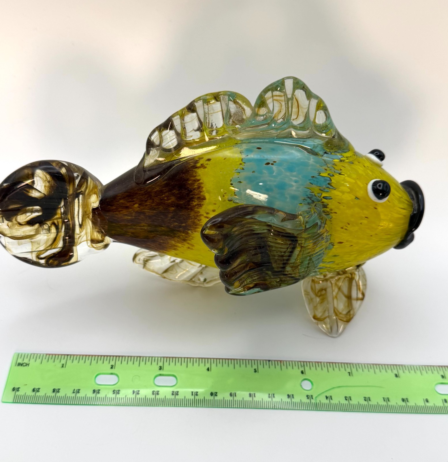 Murano Style Hand Blown Art Glass Fish Figurine 9″ Yellow Blue Tropical Decor