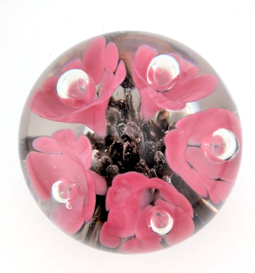 VTG 83 Maude&Bob St Clair Art Glass Paperweight Pink Trumpet Flower LIGHTED BASE