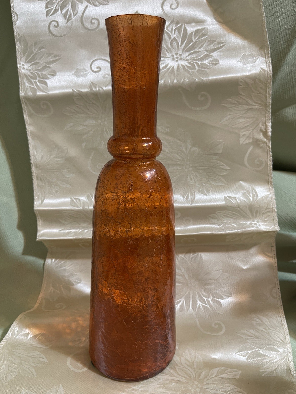 Vintage Rainbow Glass Co Tangerine Crackle Glass Vase MCM 13”