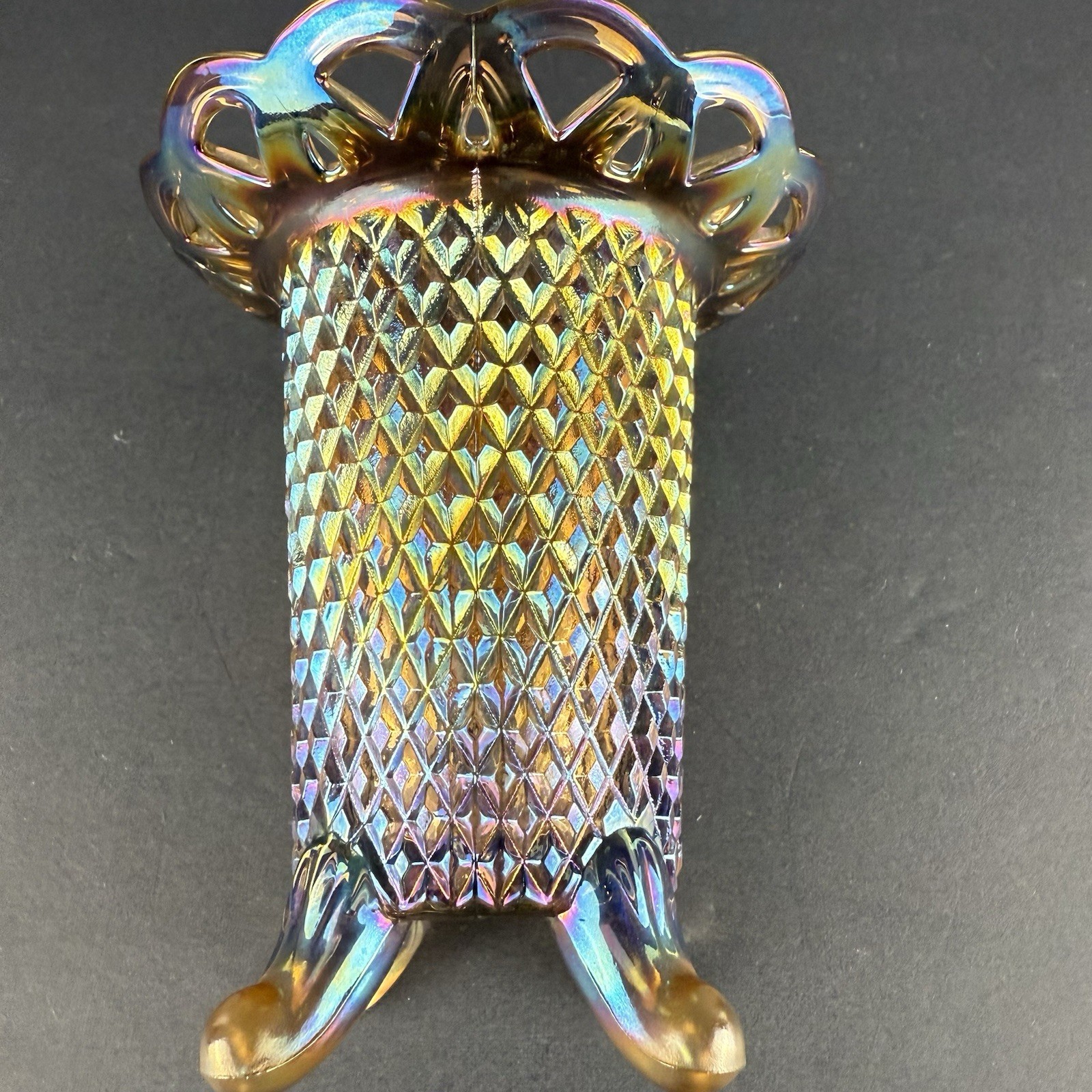 Unique Color Vintage Peacock Iridescent Carnival Glass Vase Diamond Point.