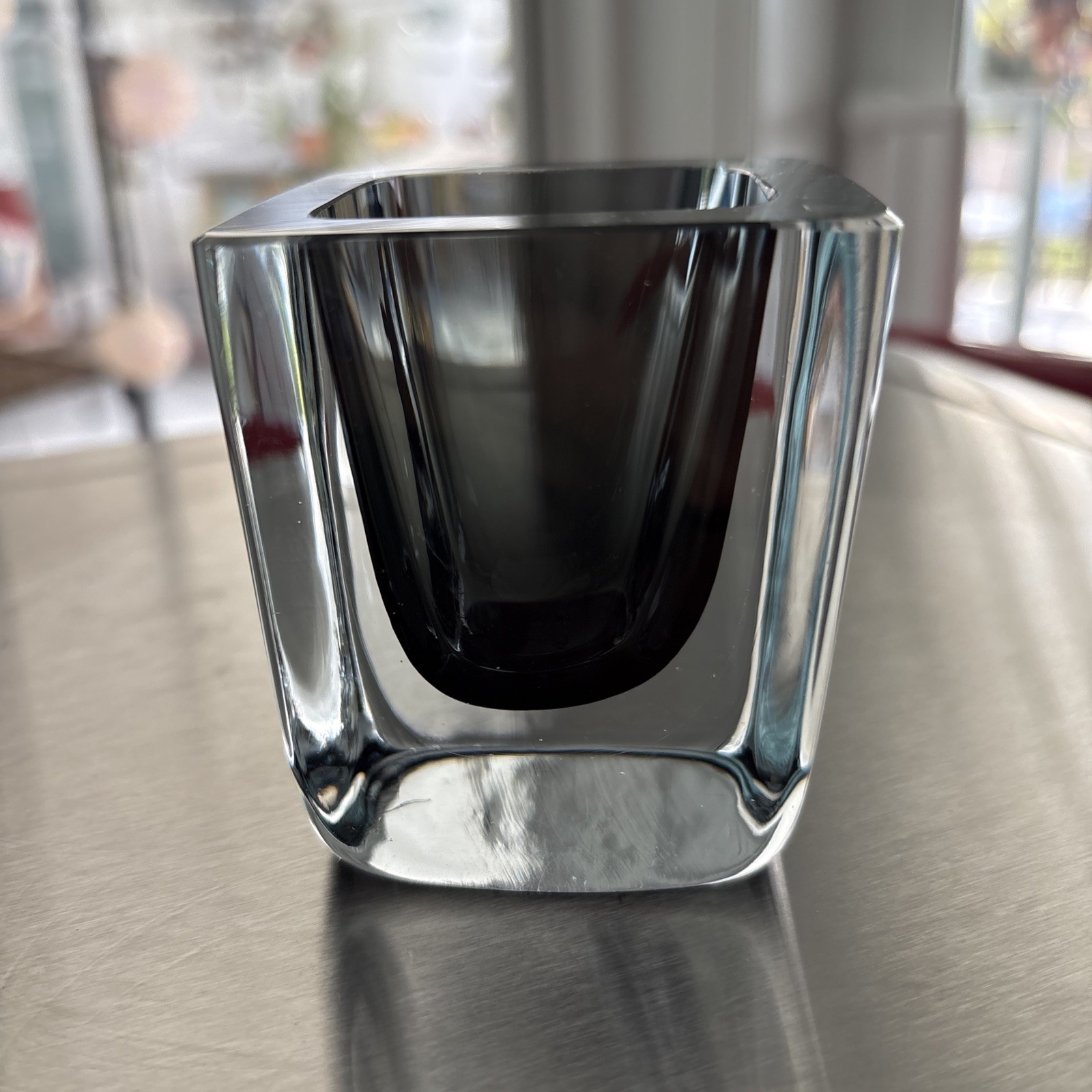 Signed Strombergshyttan H92 Mid-Mod Small Glass Vase — Smokey Gray/Clear