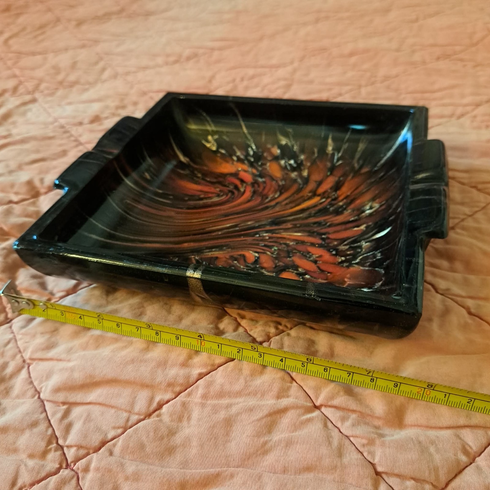 Vintage Murano Style Glass Cigar Ashtray Heavy RARE red, black, and gold swirl