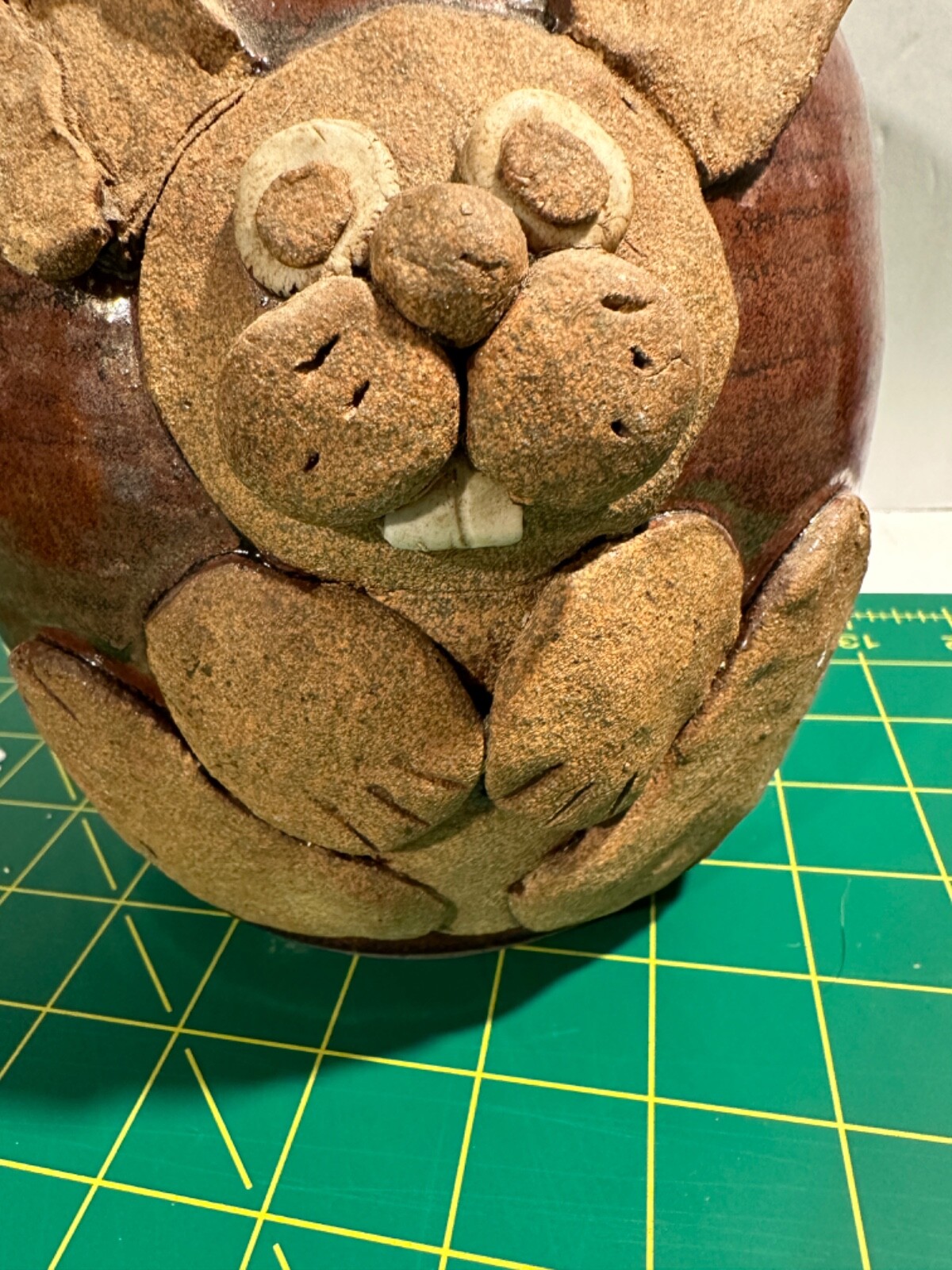 VTG Unique Large Art Pottery Vase W/Applied 3D Bunny Rabbit Glazed/Signed READ