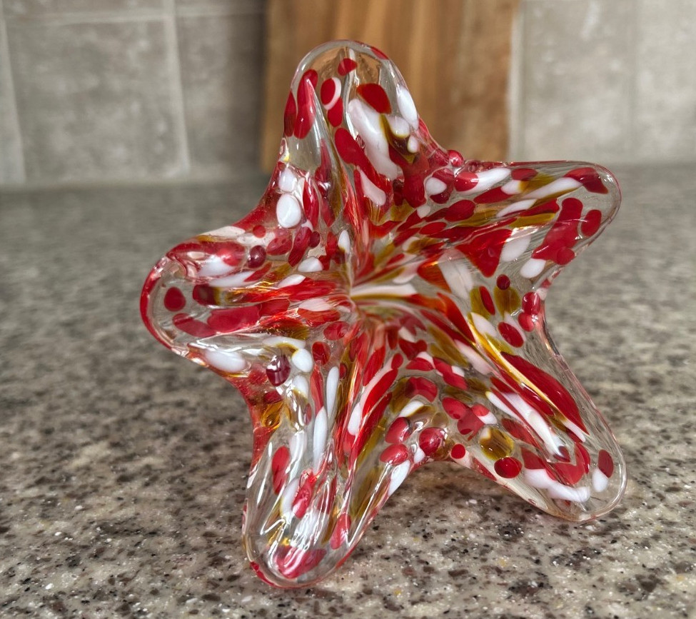 Hand Blown~Art Glass~Flower~Twisted Stem~Red Confetti~Murano Style~Unmarked