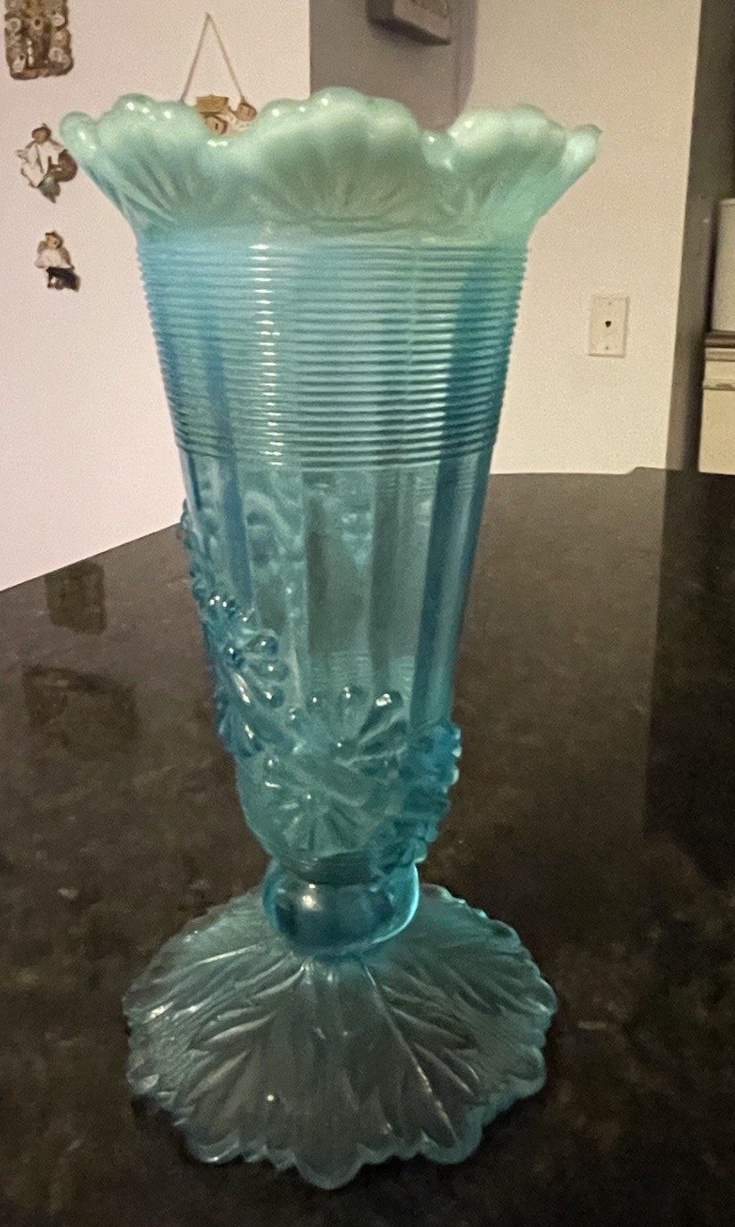 Northwood Fluted Aqua Blue Opalescent Glass w/Flowers Footed Vase~Vintage~
