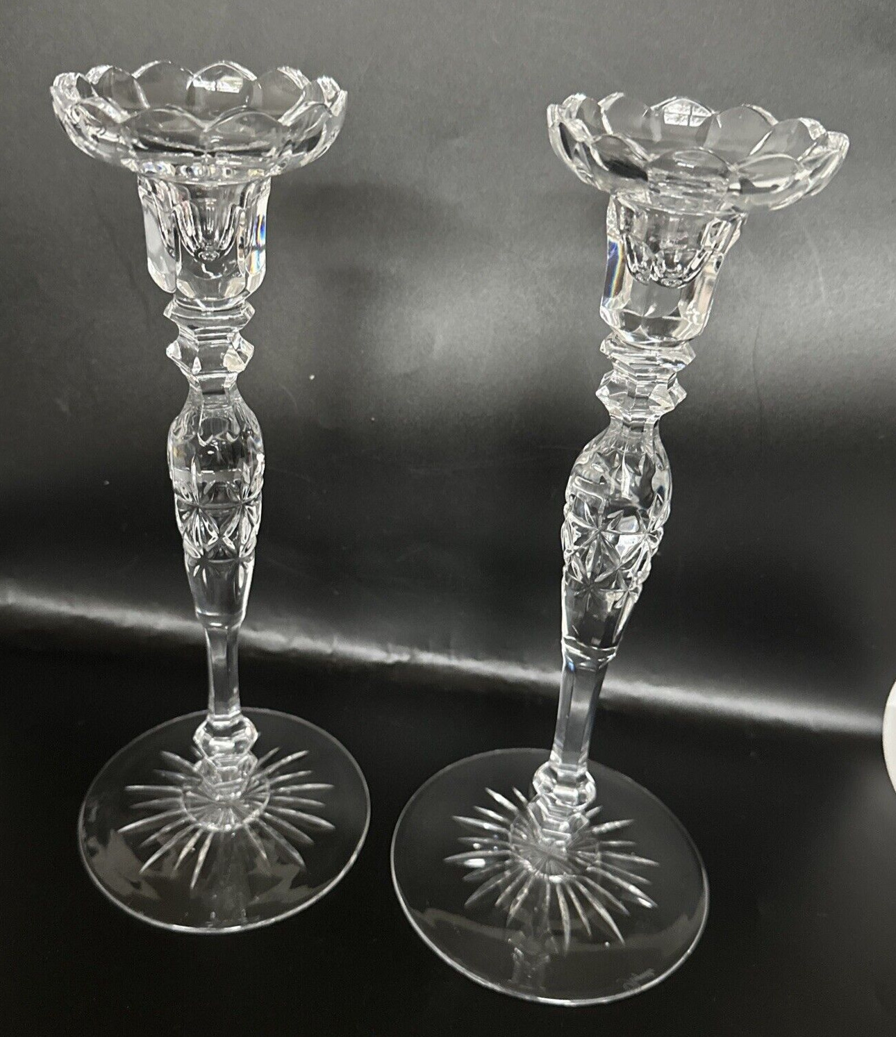 PAIR Rogaska Rosemont Full Lead Crystal Rose Stem Candlesticks 10 3/8 In .