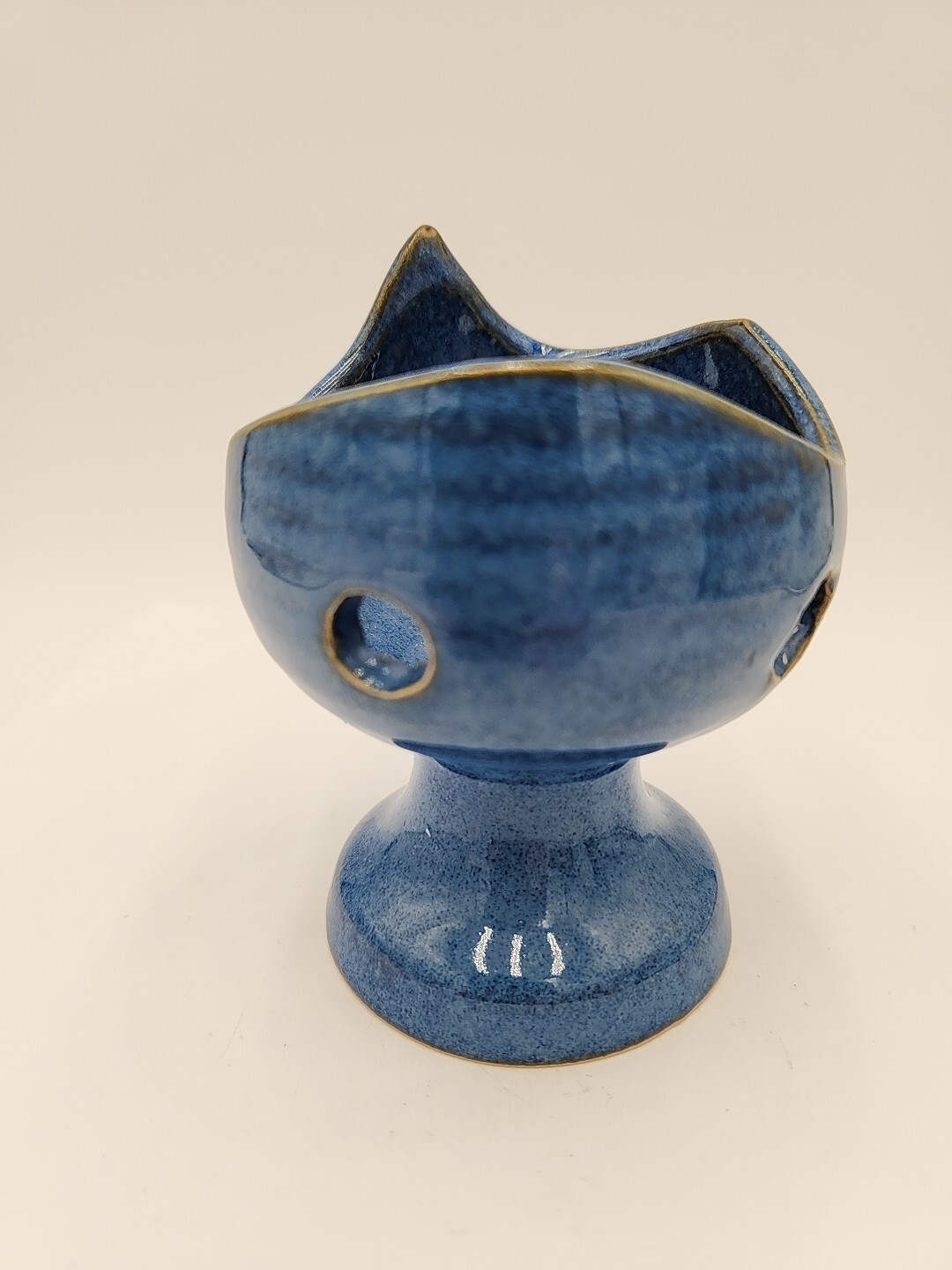 Norwegian Blue Pottery Candle Holder Pedestal Votive Hokksund Norway 4″