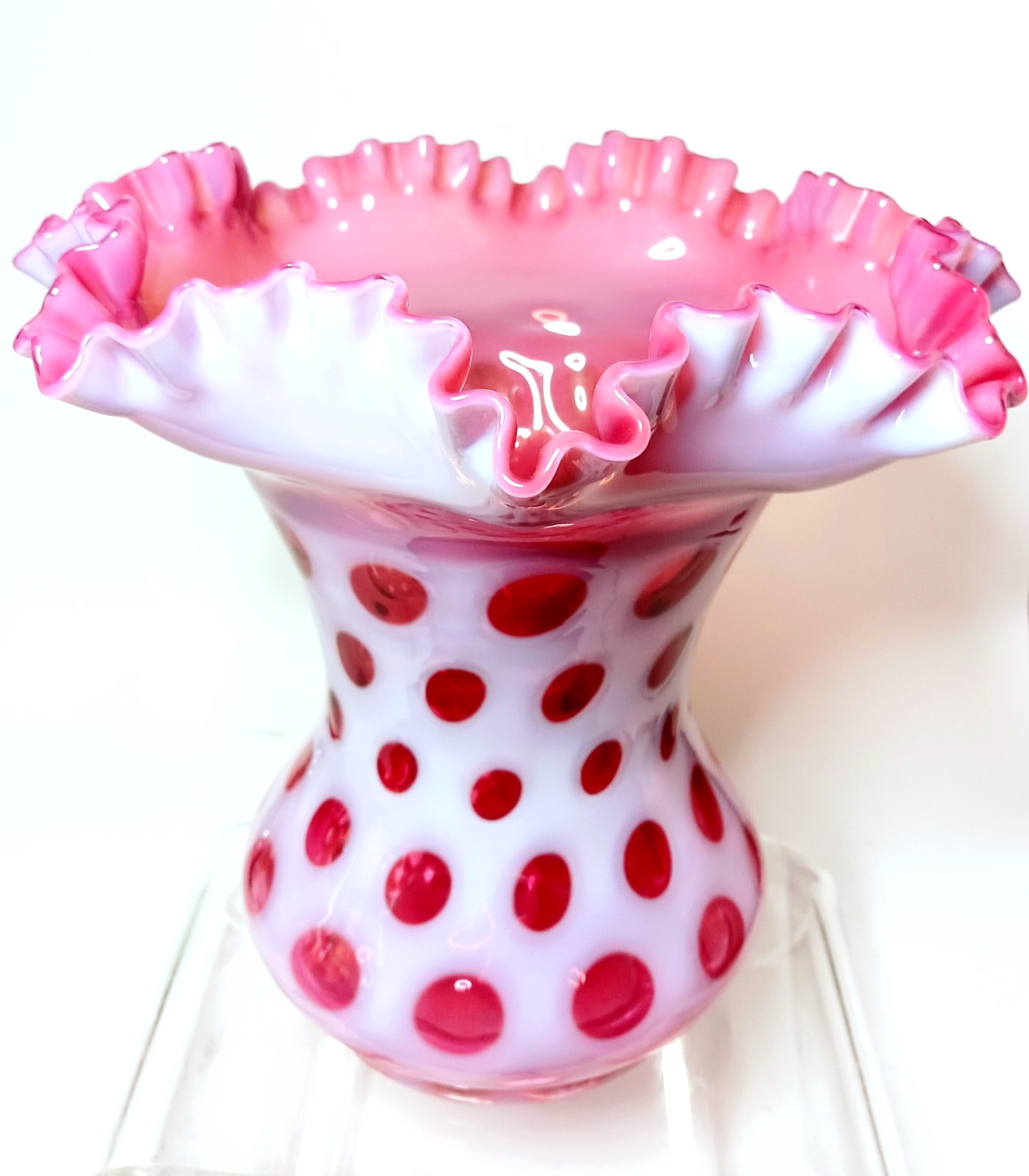 Fenton Art Glass – Cranberry Opalescent Coin Dot Ruffled Top Vase – 8¼ inches