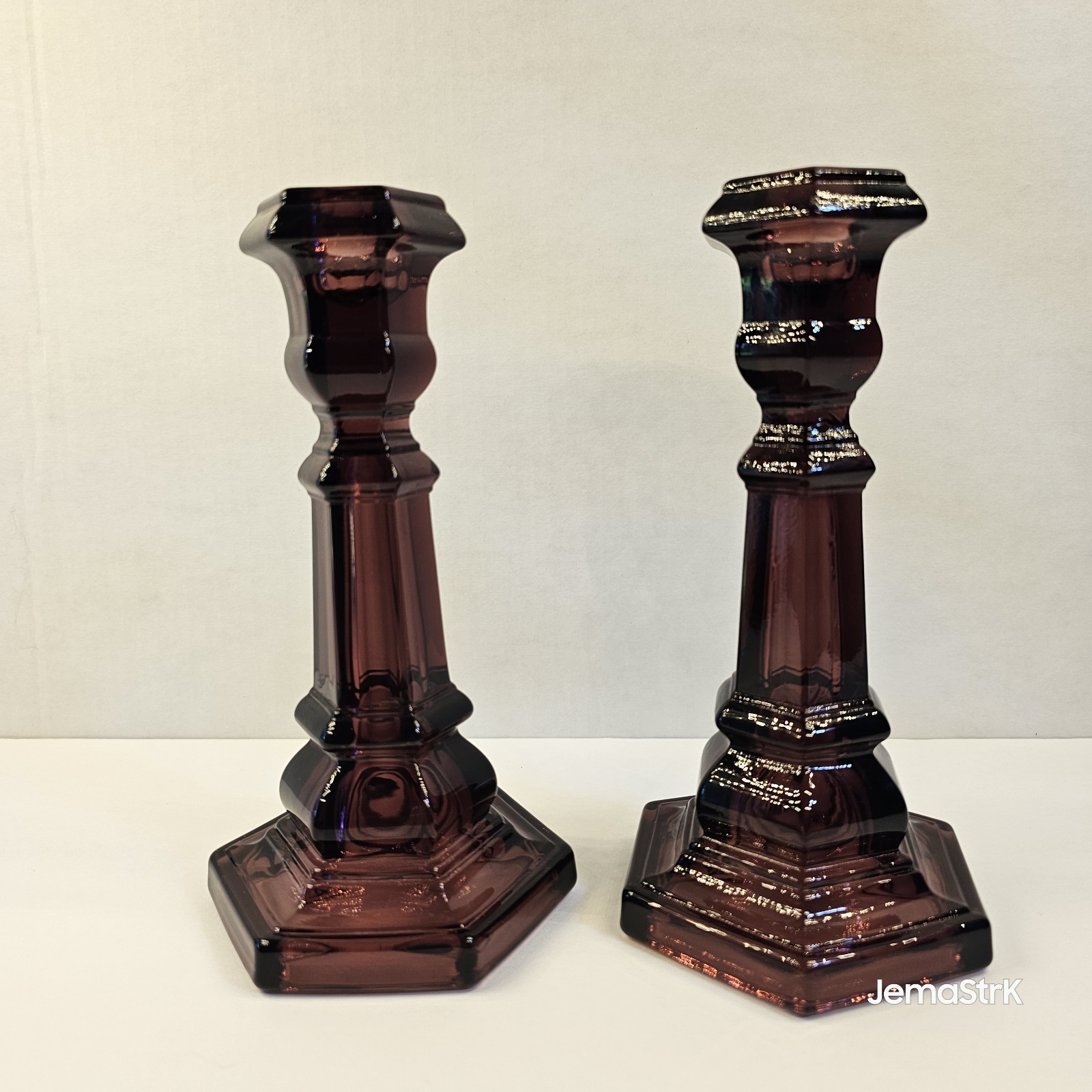 VTG 7.5″ Amethyst Glass Candlestick Pair Purple Hexagonal Metropolitan MUSEUM
