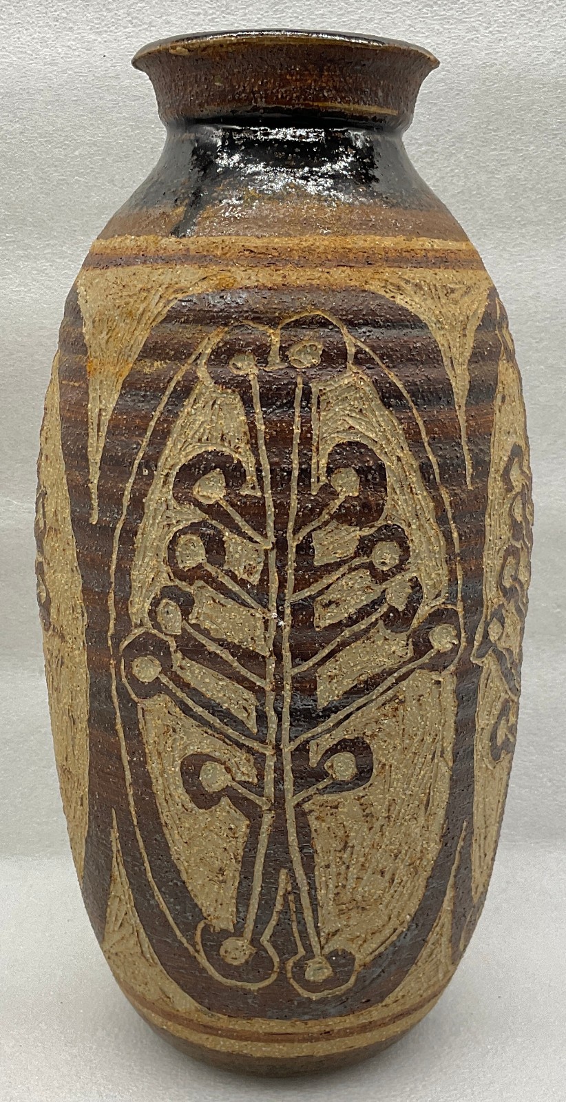 Vintage Art Pottery Brown Textured Vase Signed Christine 10-1/4″ H