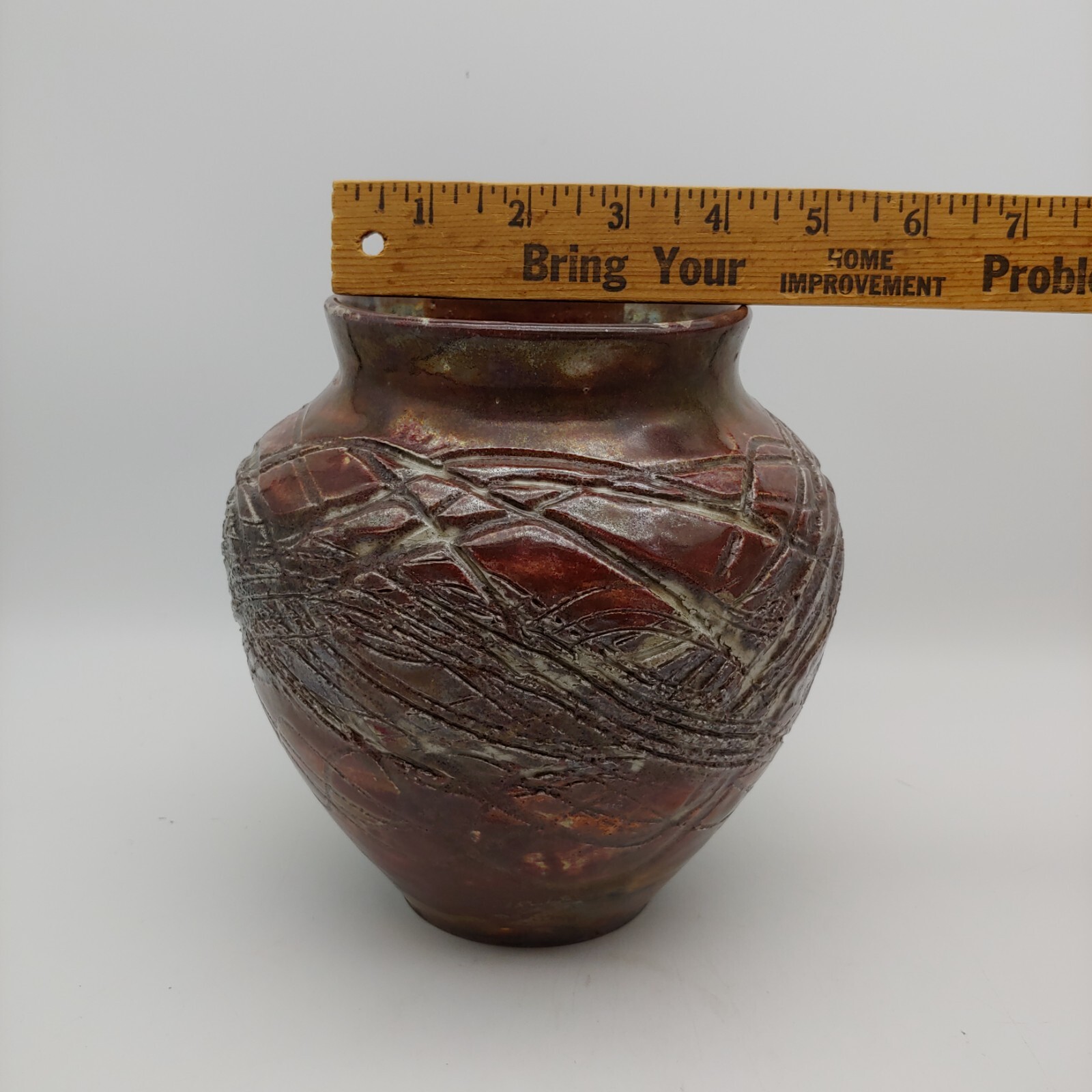 Handmade Signed Raku Pottery Vase – 7″ vtg Red Metallic Incised Abstract Art