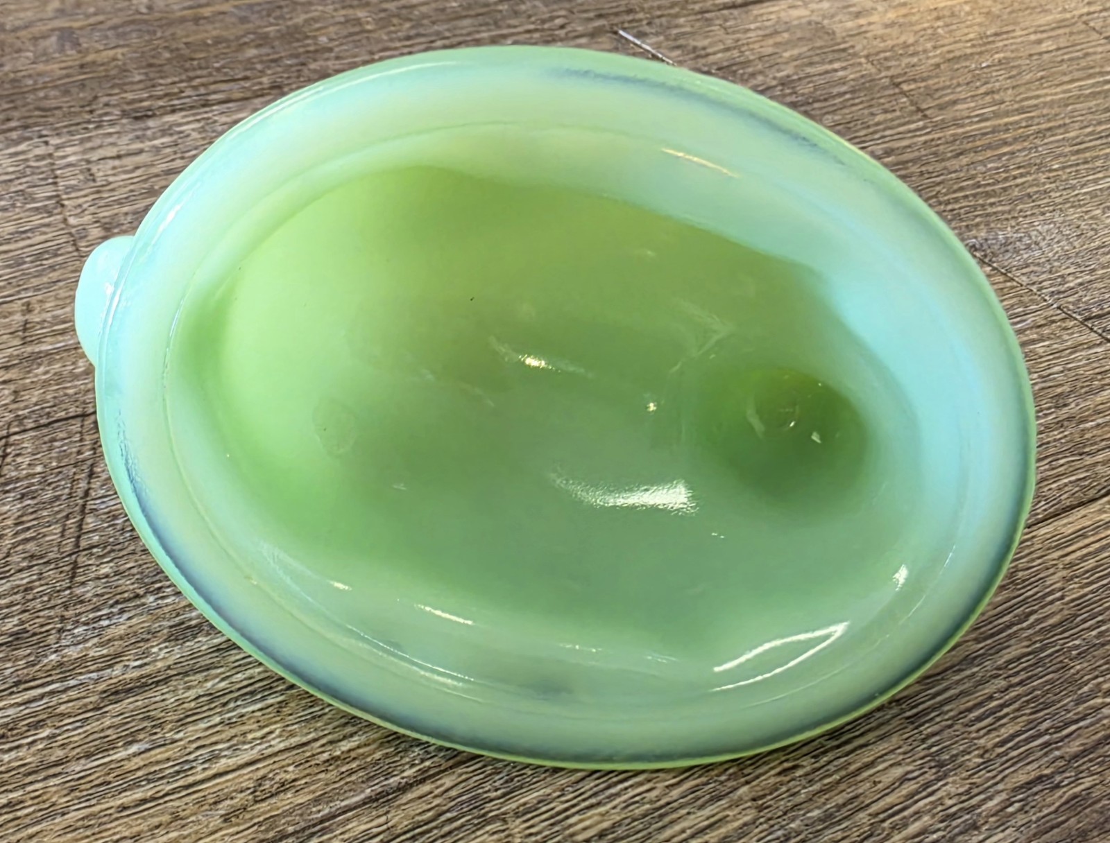 Mosser Jadeite Bunny on Basket Nest Covered Candy Dish Trinket Box Glass