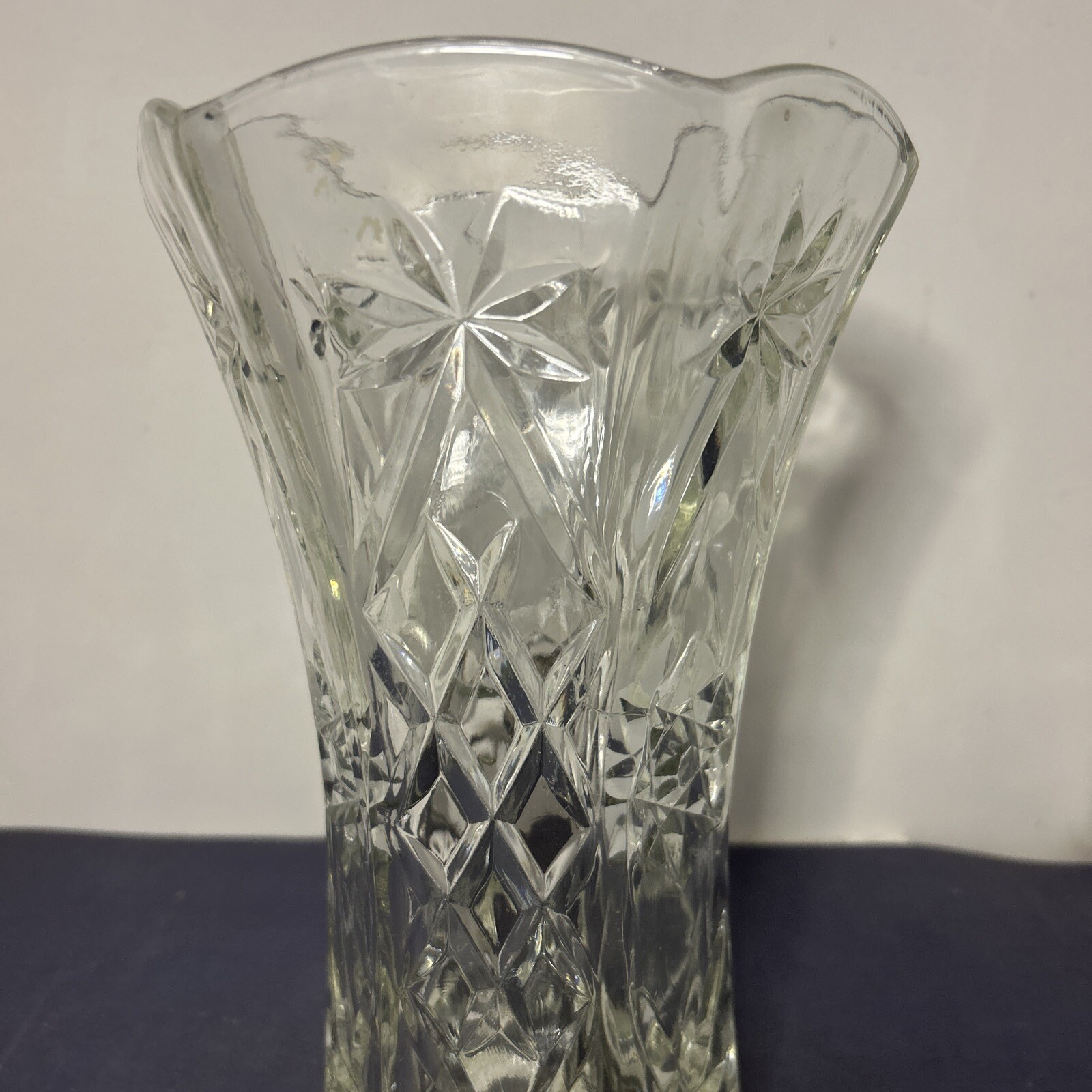 Clear Cut Glass Vase 10.5 in tall 6 in wide Scalloped Rim Star Crosshatch Motif