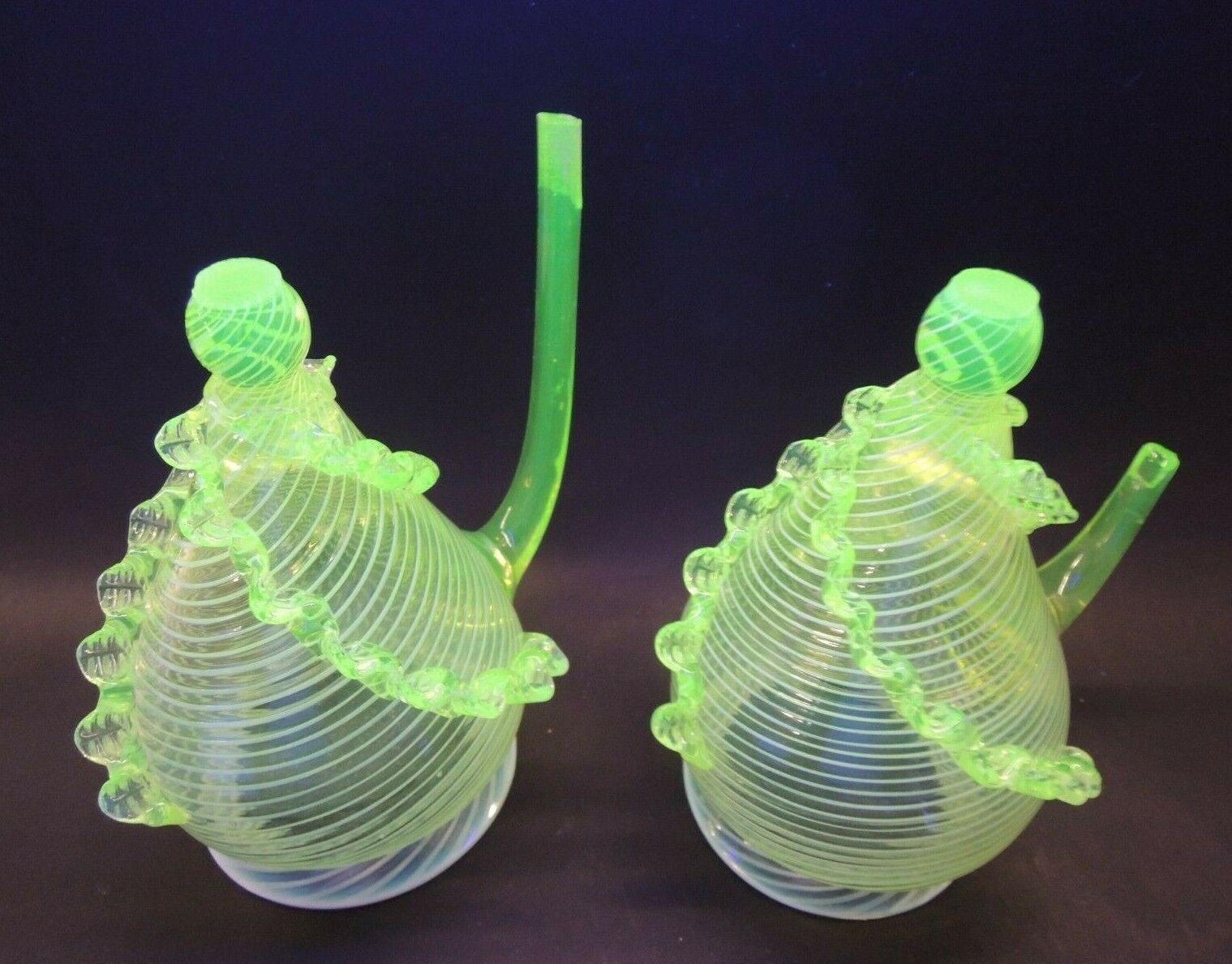 Pair Stourbridge Vaseline Victorian English Glass Epergne